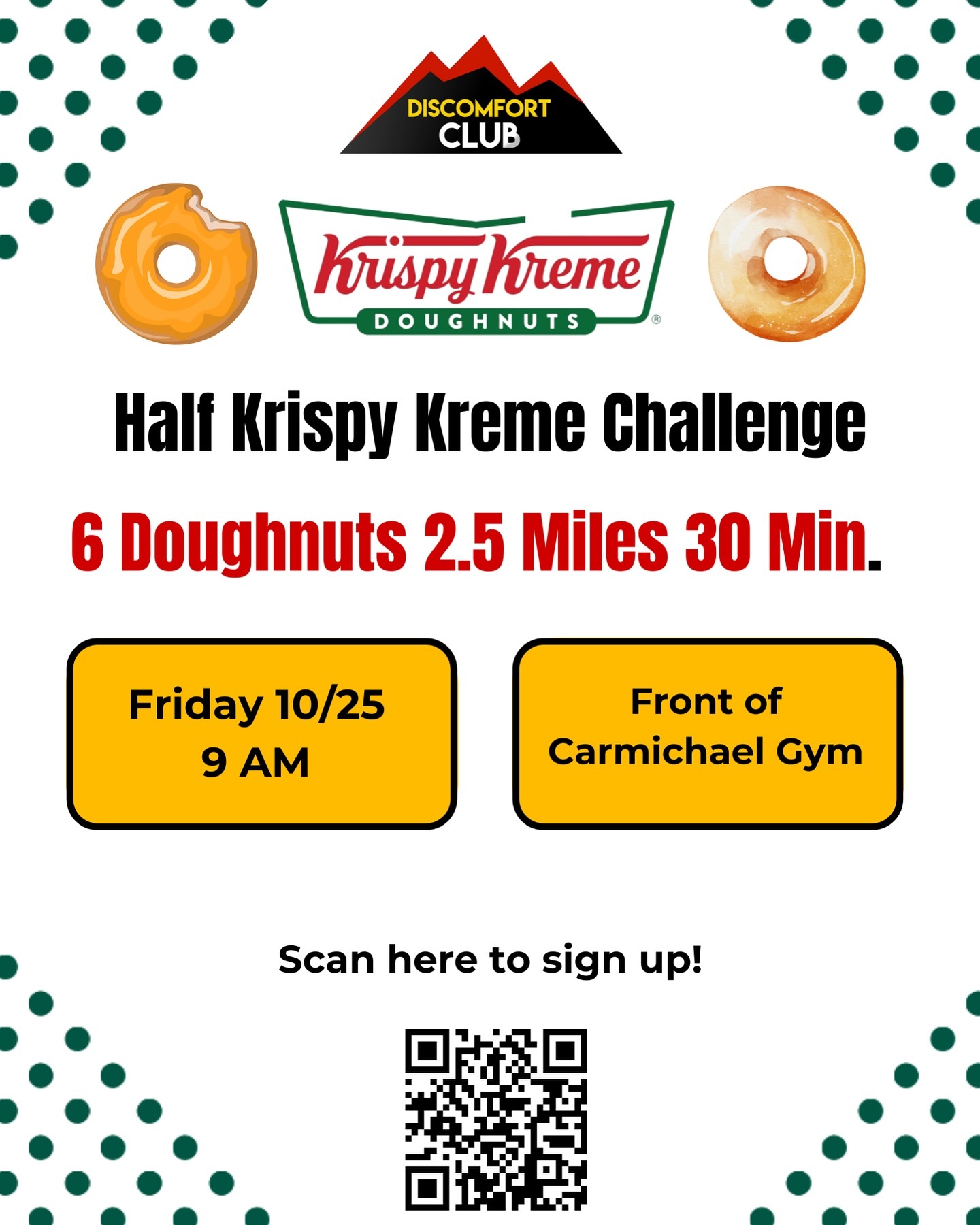 Join us as we raise money for our Skydiving event this November
Planning on doing the real Krispy Kreme Challenge? 🍩
This is a great way to train for the event
Here’s how it works:
Grab a friend, sign up using the form in our bio
Purchase a Dozen Doughnuts through our Digital Dozens fundraiser and show up on Friday at Carmichael
Can’t wait to see all of you there!
#krispykreme #krispykremedoughnuts #krispykremechallenge #seekdiscomfort #ncsu #raleigh #wolfpack #ncstate #raleighnc