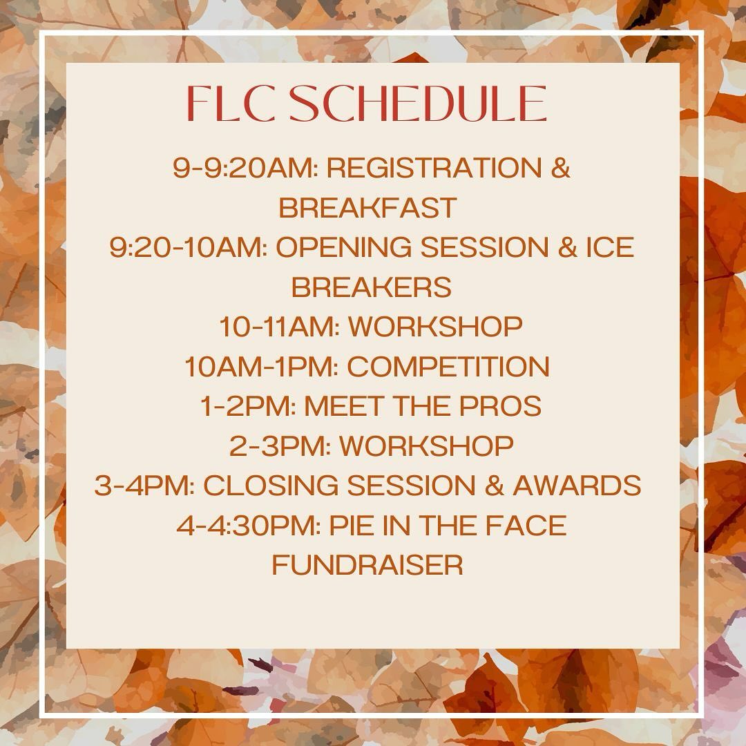 A look at FLC! We are so excited for all of you to join us at FLC. Few reminders:
- This conference is at South Mountain Community College from 9am-4pm
- The dress code is BUSINESS PROFESSIONAL
- The registration fee is $25 per person
Join us after for our annual Pie in the Face Fundraiser, where you get to pie a state officer in the face (price TBD)
Don’t forget we’re always open for questions! 🍂🍁