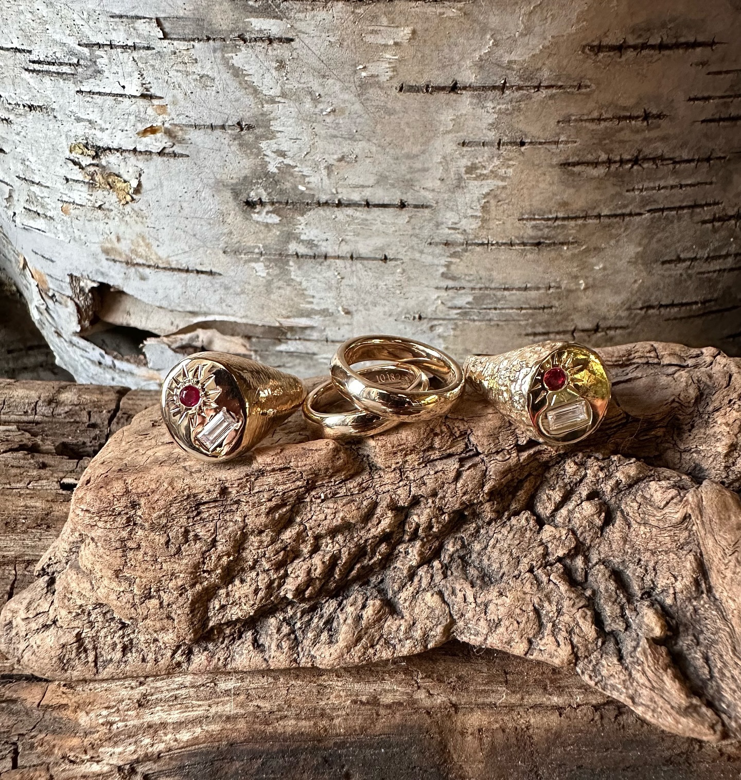 From an engagement ring signet set to hand carved gold wedding bands these are some beautiful pieces for a truly beautiful couple. I got to make the engagement ring set as a surprise when he proposed in Spain. Then when somehow one signet was lost, I got to make another for when he proposed right back on their Brooklyn rooftop ❤️
We resized the engagement ring signets so they could wear them on another finger and make room for the wedding band - making both hands a solid representation of their love, and it all ends up just looking cool. ✨❤️ Big love to these two and wishing all the good things in life ❤️ @yall.got.an.aux.cord