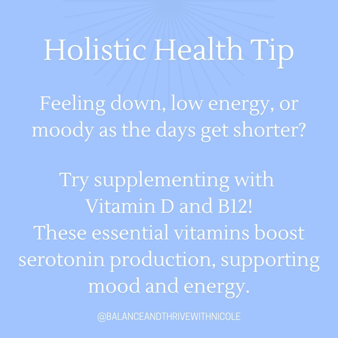 Feeling down, low energy, or moody as we shift into fall and winter? 🍂 It’s not just the weather—less sunlight means less natural Vitamin D, which can throw off your mood and energy levels.
Vitamin D and B12 are essential for boosting serotonin, our feel-good hormone, and can make a huge difference in how you feel day to day. 🌞✨ With less time outdoors, supplementing these vitamins is a simple way to keep your mood and energy in check as we move through the colder, darker months.
Supporting your body with the right nutrients is key to staying balanced and thriving year-round! 💫
#holistichealth #holisticwellness #vitamind #b12 #serotoninboost #naturalhealth #fallwellness #holistichealthcoach