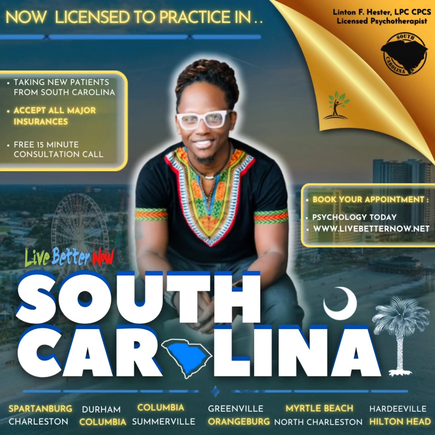 🎊🎉 I AM EXCITED TO ANNOUNCE!! 🎉🎊
#SouthCarolina #Therapy #MelaninMentalHealth #Counselor #MultiStateLicense #Mentalillness #Healing #Help #QualityCare #LiveBetterNow #LPC #melaninmentalhealth #QualityCare #TheSouth
The Therapist YOU Know!
𝙉𝙊𝙒 𝙎𝙀𝙍𝙑𝙄𝙉𝙂 𝙎𝙊𝙐𝙏𝙃 𝘾𝘼𝙍𝙊𝙇𝙄𝙉𝘼