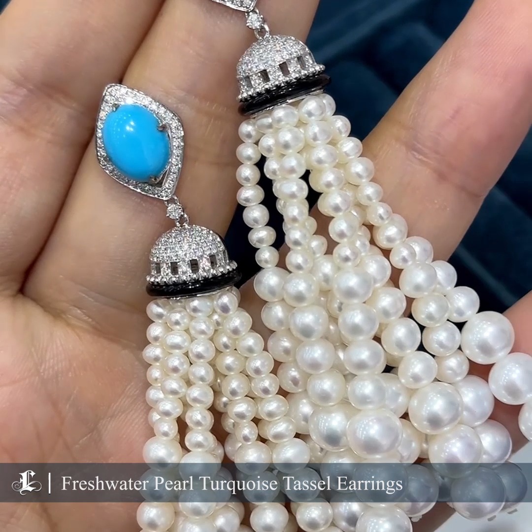 4.55 ct Turquoise Freshwater Pearls Tassel Luxury Earrings 18k Gold w/ Diamond
SKU: EH5526-YSJ
#freshwaterpearlearrings #turquoiseearrings #tasselearrings
Featuring a 4.55-carat untreated natural turquoise with its stunning natural blue hue, paired with the soft luster of high-quality freshwater pearls and accented with expertly set diamonds, these 8cm long earrings are a showstopper. The perfect secret accessory for white or blue evening gowns, they add a touch of luxury and elegance to any formal look.
Product Information
Origin Japan
Material Freshwater Pearls, Turquoise, 18k White Gold, and Natural Diamonds
Dimensions Earrings Lenght Approx. 8.0 cm
Pearl
Shaped: Round
Size: -
Quality: AAA
Nacre: Very Thick
Color: White
Luster: Very High
Accessories
Metal: 4.8 g of 18K White Gold
Other: 4.55 ct of Natural Turquoise, and 0.76 ct of SI Quality Natural Diamond
