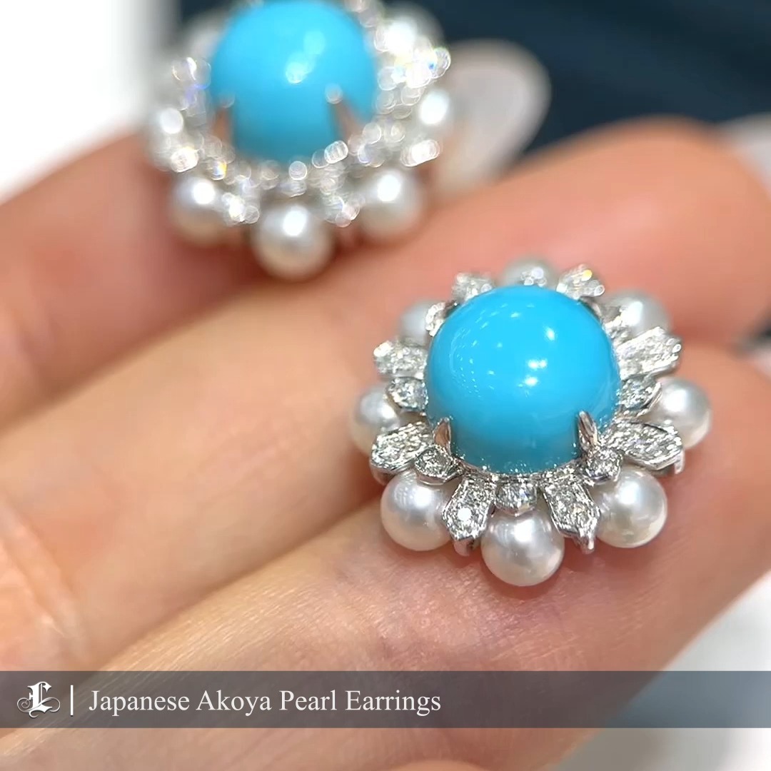 5.4 ct Natural Turquoise AAA 3.5-4 mm Baby Akoya Pearl Earrings 18k Gold
SKU: EH5527-YSJ
#japanpearljewely #japanesepearljewellery #akoyapearlearringstud #akoyapearlearrings #turquoisejewelry #turquoiseearringsforsale
Crafted from high-quality, untreated natural turquoise, these earrings showcase the stone's innate beauty and vivid colors. Paired with aurora-hued Akoya baby pearls that perfectly balance elegance and playfulness, they are a unique addition to any jewelry collection.
Product Information
Origin Japan
Material Akoya Pearl, Natural Turquoise, Diamond, and 18k Gold
Dimensions Earrings Diameter Approx. 1.7 cm
Pearl
Shaped: Round
Size: 3.5-4 mm
Quality: AAA
Nacre: Very Thick
Color: White
Luster: Aurora
Accessories
Metal: 3.65 g of 18k White Gold
Other: 5.4 ct of High-Quality Natural Turquoise and 0.34 ct of SI Quality Natural Diamond