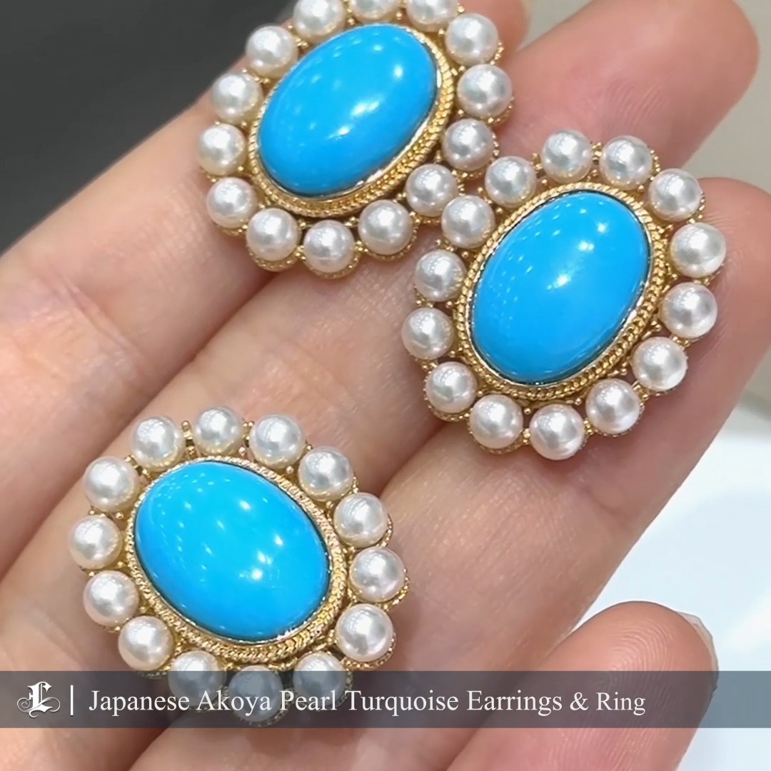 9.55 ct Turquoise AAA 3.5-4 mm Akoya Pearl Earrings 18k Gold
SKU: EH5532-YSJ
#japanpearljewely #japanesepearljewellery #akoyapearlearringstud #akoyapearlearrings #turquoisejewelry #turquoiseearringsforsale
Crafted from high-quality, untreated natural turquoise, these earrings showcase the stone's innate beauty and vivid colors. Paired with aurora-hued Akoya baby pearls that perfectly balance elegance and playfulness, they are a unique addition to any jewelry collection. The same design is available as either earrings or a ring for individual purchase.
Product Information
Origin Japan
Material Akoya Pearl, Natural Turquoise, and 18k Gold
Dimensions -
Pearl
Shaped: Round
Size: 3.5-4 mm
Quality: AAA
Nacre: Very Thick
Color: White
Luster: Aurora
Accessories
Metal: 6.3 g of 18k White Gold
Other: 9.55 ct of Natural Turquoise