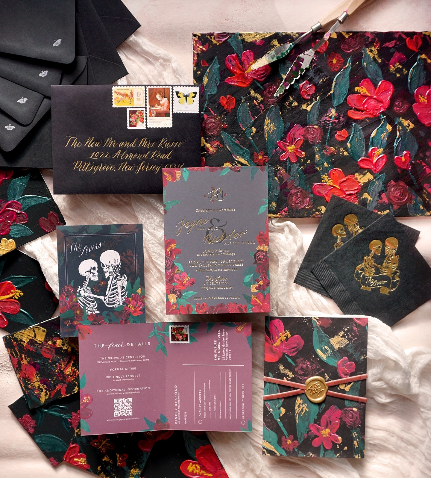 The Lovers card symbolizes love, harmony, relationships, values alignment, and choices 🖤
A beautiful, fun, and edgy wedding invitation suite, full of custom details, that I was thrilled to be a part of. Happy Halloween! 👻
Photos, designs & artwork: @amyelizabethartistry
#envelopecalligraphy #weddinginvitations #weddingstationery #phillystationer #bespokeinvitations #phillyweddinginvitations #custominvitations #halloweenwedding #allicatcalligraphy #southjerseyweddings #spookyseason