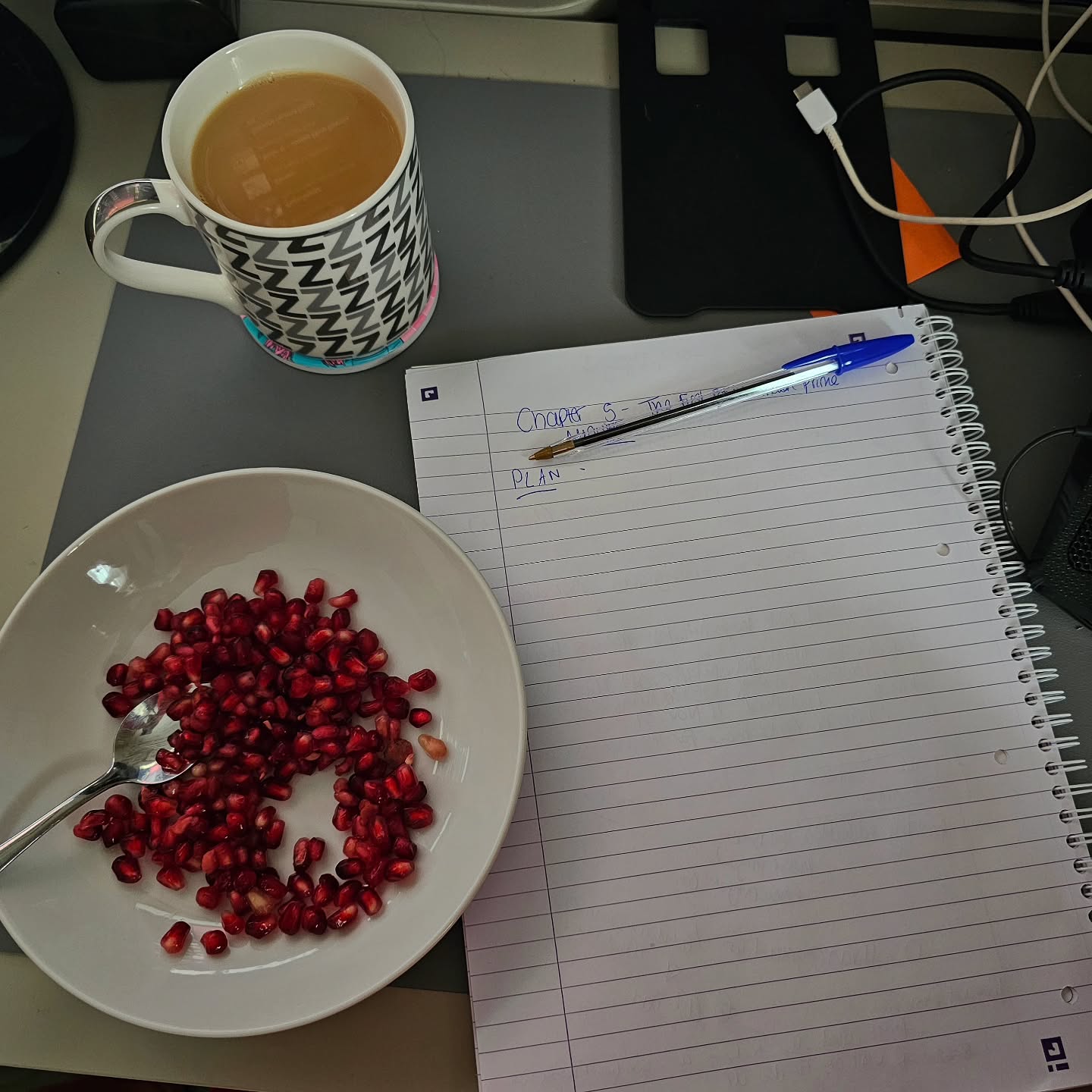 PhD Thesis check-in
Chapter 1 - Introduction: Drafted
Chapter 2 - Literature Review: Drafted
Chapter 3 - Asian Media: Drafted
Chapter 4 - Rise of political engagement: Drafted
Chapter 5: Planning in progress
I can't quite believe at how quickly my PhD 'journey' is flying by, so to mark what I think is a milestone - planning my third results chapter - I thought I'd share what part of my desk looks like.
Pomegranate & tea coming in with the assist.