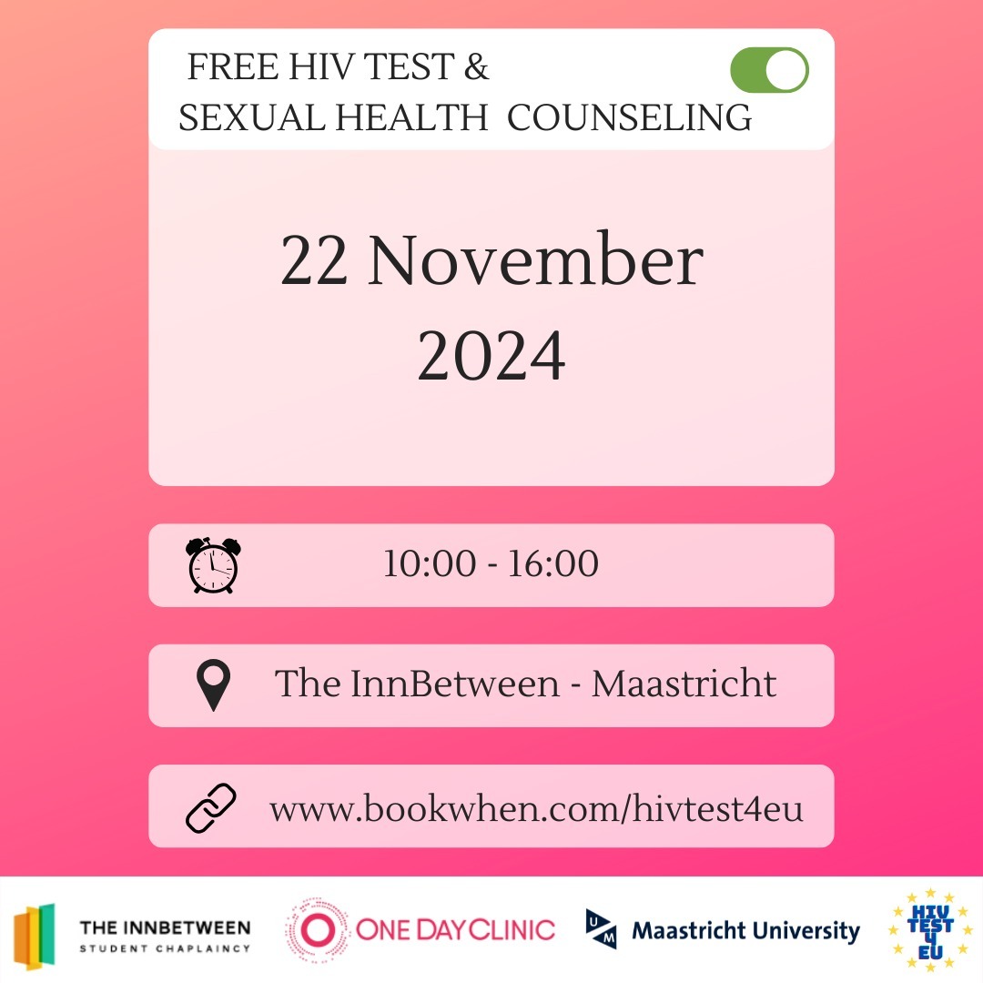 It’s almost European Testing Week! Therefore, we are happy to announce that we have planned another testevent @innbetween_maastricht at 22 November 2024.
🌟Come by if you have any questions about sexual health! Geert-Jan, nurse of the @onedayclinic, will be there to answer all your questions. You can also test for HIV but that choice is completely up to you. Testing is completely anonymous.
📱Sign up? www.bookwhen.com/hivtest4eu or via the linkinbio!
See you there!! 🙌
@eurotestweek
