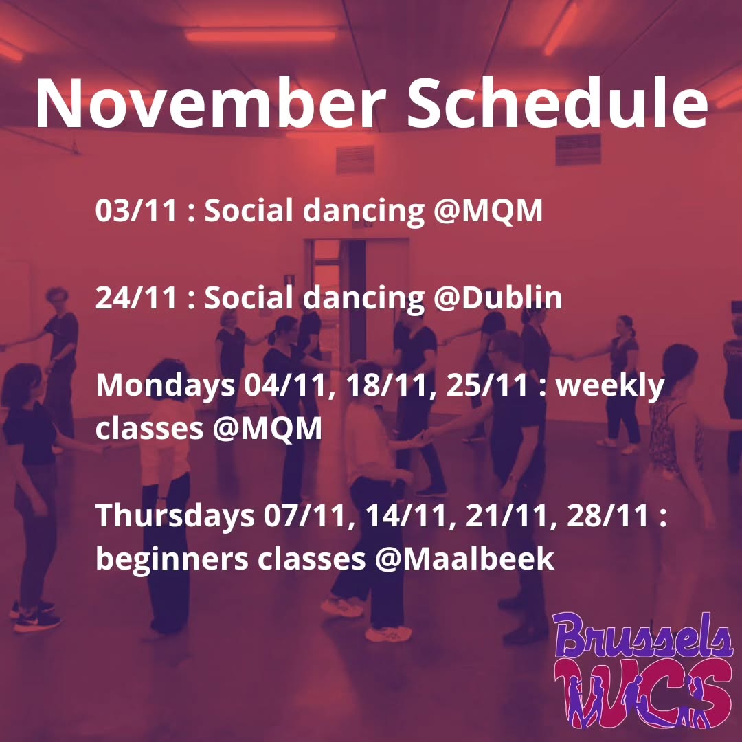 And here is the November schedule !
Join us today at Maison de Quartier Malibran Salle à tout for social dancing, and in three weeks at Salle Dublin 🪩
There will be no classes on the 11th of November.
See you soon !