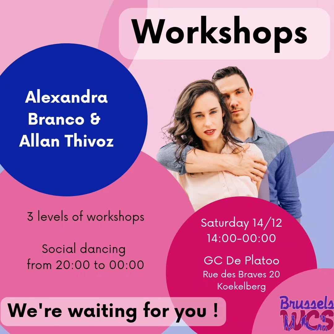 We have the pleasure to welcome @alex_and_allan in Brussels for the first time !
Alexandra and Allan are two All Star dancers based in Lyon, France. They will be coming to BWCS for an afternoon of levelled workshops and a social (with lead&follow show).
PROGRAM
14:00 - 15:15 : Beginner (started in September 2024)
NOT FOR ABSOLUTE BEGINNERS
15:30 - 16:45 : Intermediate (more than 2 years of classes and socials)
17:00 - 18:15 : Advanced (more than 3 years of classes and socials)
18:15 - 20:00 : Dinner Break
20:00 - 00:00 : Social Dancing with demo lead/follow
MEMBER PRICES
1 workshop : 20€
2 workshops : 35€
Social only : Free (please RSVP)
NON-MEMBER PRICES
1 workshop : 25€
2 workshops : 45€
Social only : 10€ (please RSVP)
Membership '24-'25 : 25€
✩ Attention: only 1 registration per couple is needed!
✩ For dinner, you can bring your own food and eat it with us (as we did for the workshop with Fabian Stein) - or pick a restaurant nearby.
✩ Club membership includes a special "sports" insurance coverage and grants you an immediate discount for all our workshops and free entrance to all our socials (about two per month).
Registration on our website (link in bio).
#bwcs #danceworkshop #brusselsdance #westcoastswing