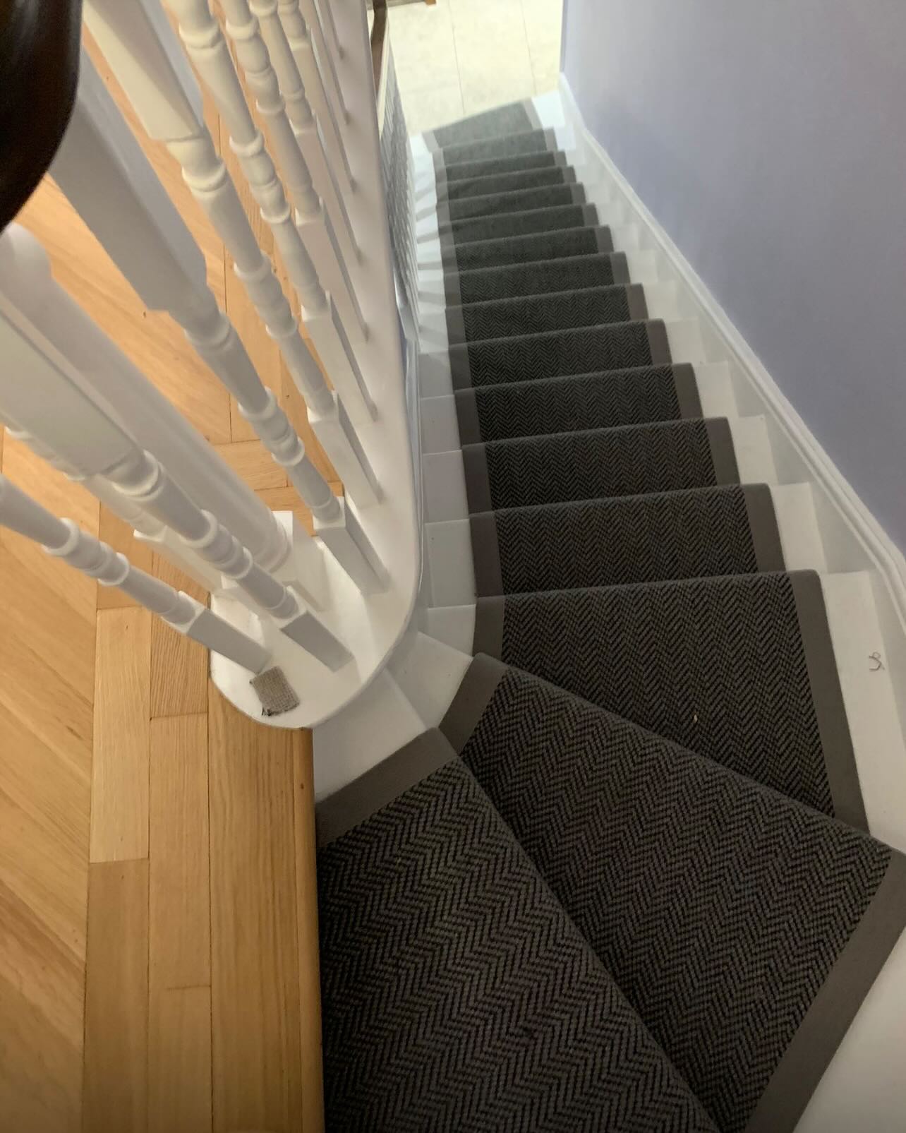 Flat Weave Herringbone carpet to landing and stairs with runner taped in cotton. Looks stunning over three floors in this period family home in Blackheath.