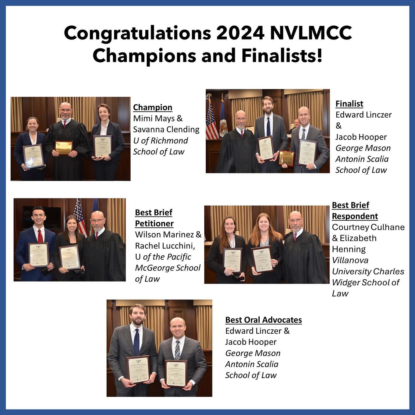 Congratulations to all the winners of the 2024 National Veterans Law Moot Court Competition and thank you to all the volunteers that make this program possible. Check out the winners with Judge Jaquith and some behind the scenes shots of the competition in action!