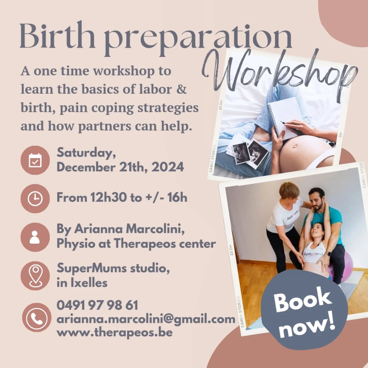 In search of a birth preparation workshop on a Saturday? Your due date is approaching? Need more information? Contact Arianna or visit our website!
Places are limited, next session will be in February, so don't wait too long and book your spot!