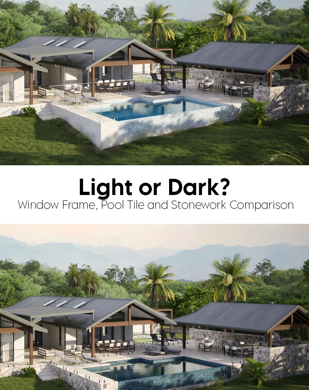 What colour scheme would you choose for this resort-inspired home in North QLD?
10 minutes inland of Airlie Beach
We take the time to assist our clients by showing various exterior colours and finishes to satisfy and challenge their original thoughts.
With comparisons like these our clients have the confidence to fine-tune their exterior selections and then go full steam ahead.
Also in a time when it can be tough to attract a quality builder, these images stand out in the overflowing inbox.
Don't just paint it all white.