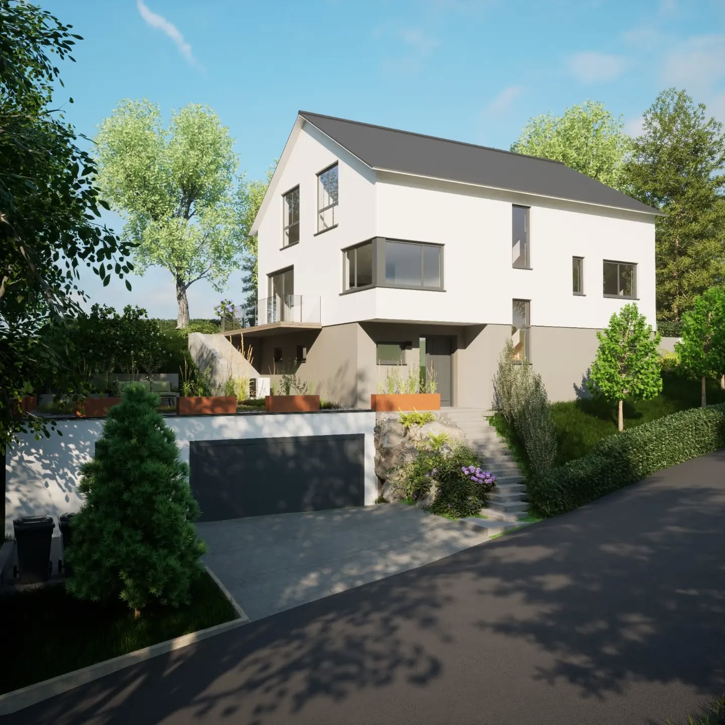 Eingangsbereich mit "etwas" Höhenunterschied😅 damit sich meine Bauherren das etwas besser vorstellen können, hilft die Visualisierung👍🏻 aktuell überlegen wir noch, was sonst noch auf der Garage geplant werden kann 🤔 was würdet ihr machen?
Ist die Süd-Westseite und würde Abends super schöne Sonne abbekommen☀️
#grundrissliebe #visualisierung #FertighausWeiss #Fertighaus #freiePlanung #Vorgarten #Hanglage #Hanghaus #Keller #Garten #Garage #Treppe #3d #vorabzüge #Bäume