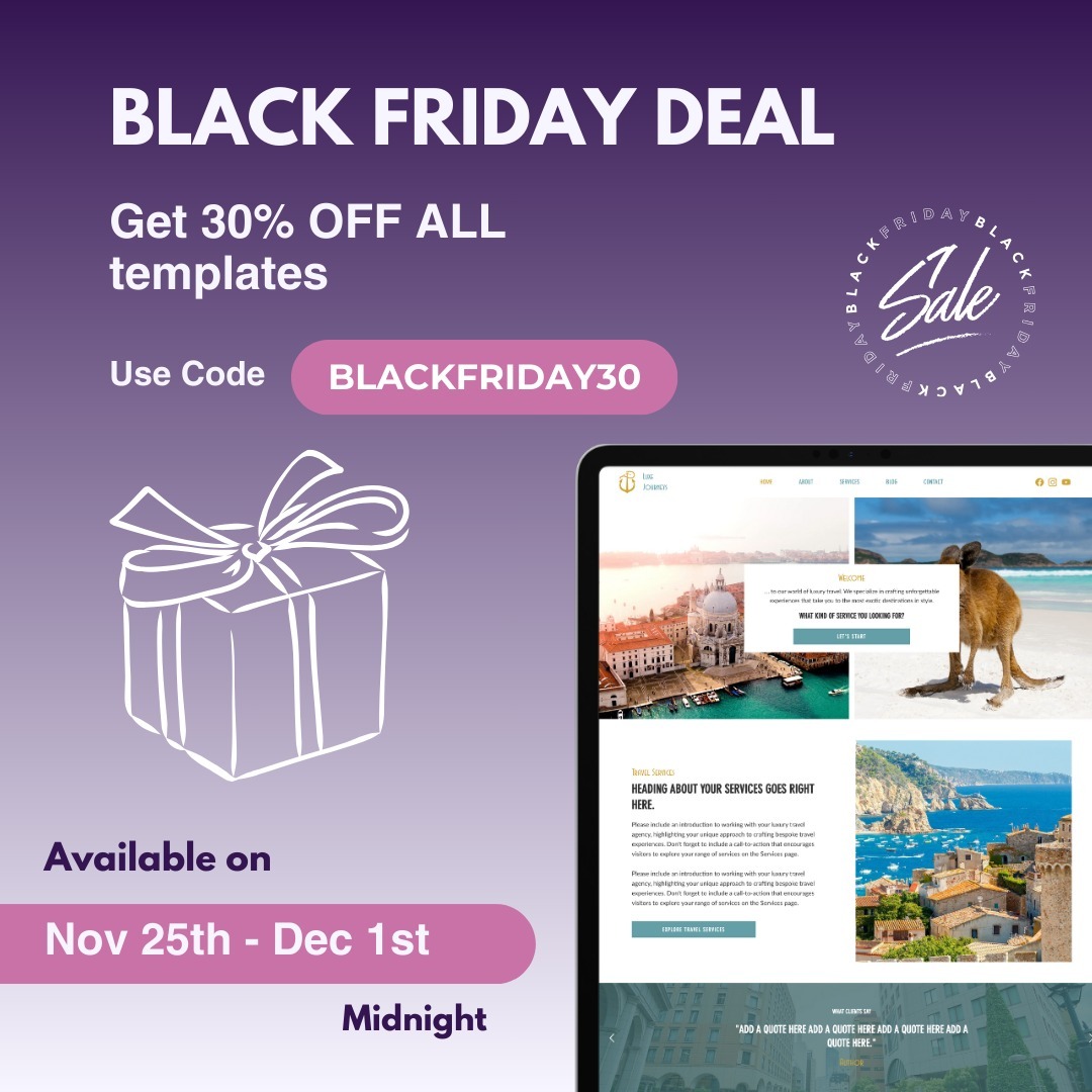 🔥 BLACK FRIDAY DEAL 🔥
Get 30% OFF ALL templates with code BLACKFRIDAY30 🖤!
📅 Available Nov 25th - Dec 1st midnight.
Don’t miss out on our biggest sale of the year – perfect timing to refresh your site for 2024!
#BlackFridaySale #WebsiteDiscount #EntrepreneurDeals #WebDesignDiscount #WixTemplates #Wix #WixWebsiteTemplates #WebsiteTemplate #BusinessOwner #BusinessTips #EntrepreneurLife