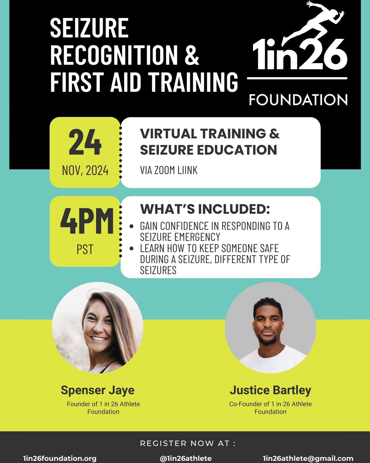 VIRTUAL SEIZURE FIRST AID TRAINING ‼️Join us for a FREE seizure safety training this Epilepsy Awareness Month. A small act of kindness can make a big difference that is why we are here to help the community learn how to help someone having a seizure.Let’s work together to create a world where everyone feels safe and supported. Empowering the community to become closer, bring a friend, tell a family member and spread the word💪🏼💜
Register now at 1in26foundation.org
#1in26 #team26 #epilepsy #epilepsyawareness #epilepsywarrior #november #epilepsyawarenessmonth #awareness #education #educateyourself #virtual #virtualtraining #joinus #nonprofit #donate #support #smallbusiness #makeadifference #seizures #firstaid #firstaidtraining