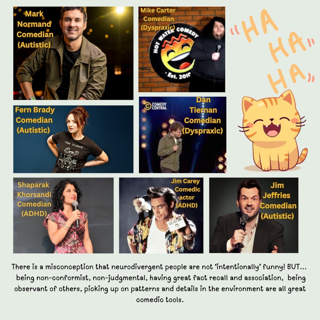 There is a common misconception that neurodivergent people are not ‘intentionally’ funny! BUT...
being non-conformist, non-judgmental, having great fact recall and association, being observant of others, and picking up on patterns and details in the environment can all be great comedic tools.
Lots of funny people pictured here, but who is your favorite?
Who else would you suggest?
Oh and please remember comedy is subjective, JBOT-UK accepts no responsibility for any offence caused.
#Neurodivergent #Autism #Dyspraxia #ADHD #Funny #Comedy #MythBusters #ComedyisSubjective
#DanTiernan #JimJeffries #FernBrady #ShaparakKhorsandi #MarkNormand #MikeCarter #HotWaterComedyClub #ComedyCentral #NetflixIsAJoke #Humour #Representation
