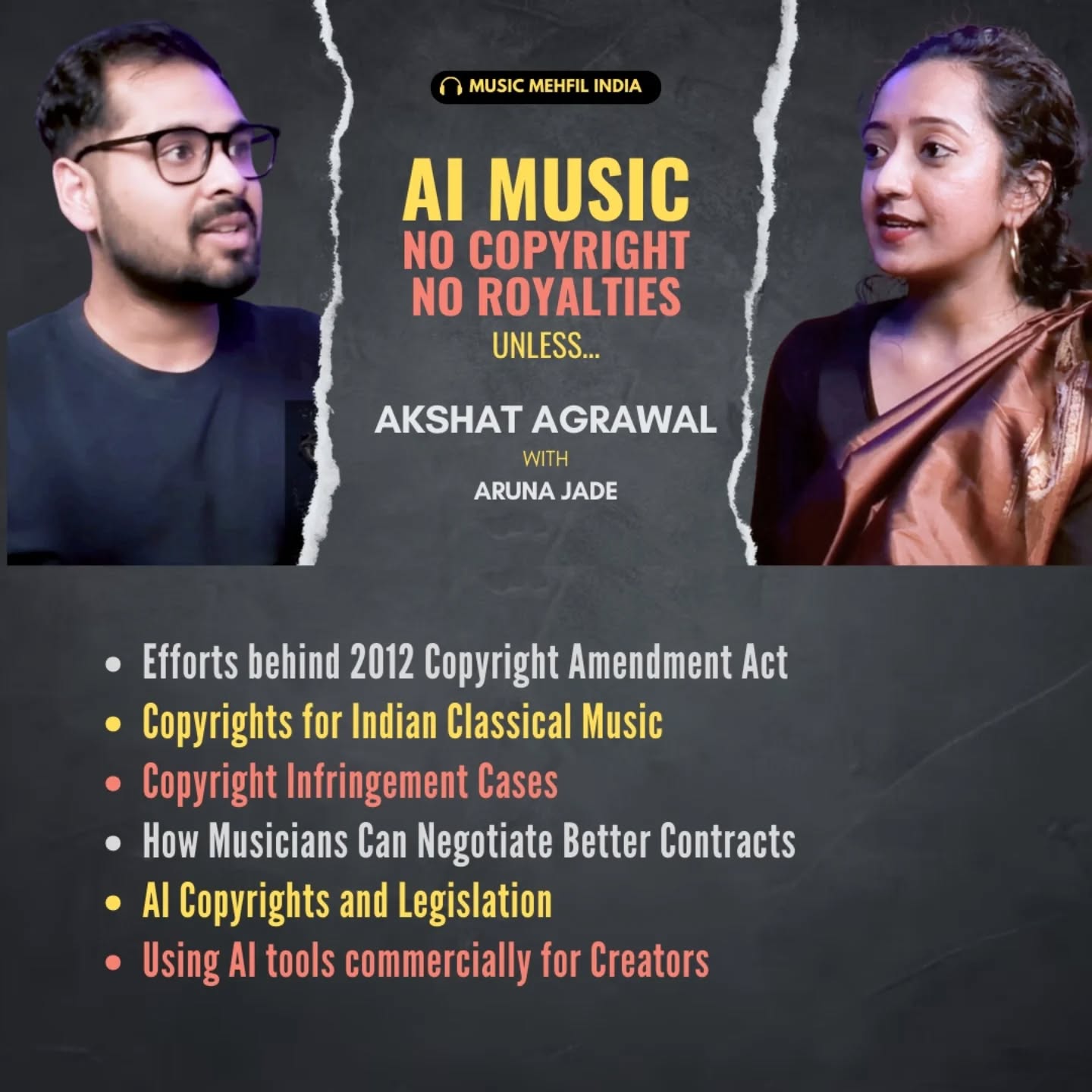 In this brand new episode with lawyer Akshat Agrawal, we discussed the events that led to 2012 copyright amendment, how copyright law works in Indian classical music and why is it incompatible with Indian classical music, what every musician needs to understand about contracts, AI in music and perspectives about copyright in AI generated music. We also discussed some interesting cases related to copyright infringement in India.
.
Music Mehfil India explores the Indian musicverse through its people, projects, and organizations shaping the Indian music industry.
.
Link in Bio.
.
#musicmehfilindia #copyrightlaw #copyrightinfringement #musiccopyright #musiccontracts #aimusic #aicopyright #arunajade #indianmusicdiaries #indianmusicindustry #storiesofmusic