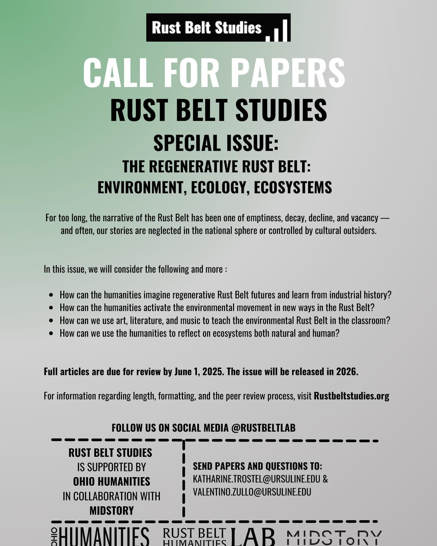 We are publishing first issue of Rust Belt Studies next year with support from @ohiohumanities and in collaboration with @midstorytoledo . In the meantime, we are planning our second issue: The Regenerative Rust Belt. Join the conversation and submit a piece to us. More at Rustbeltstudies.org
