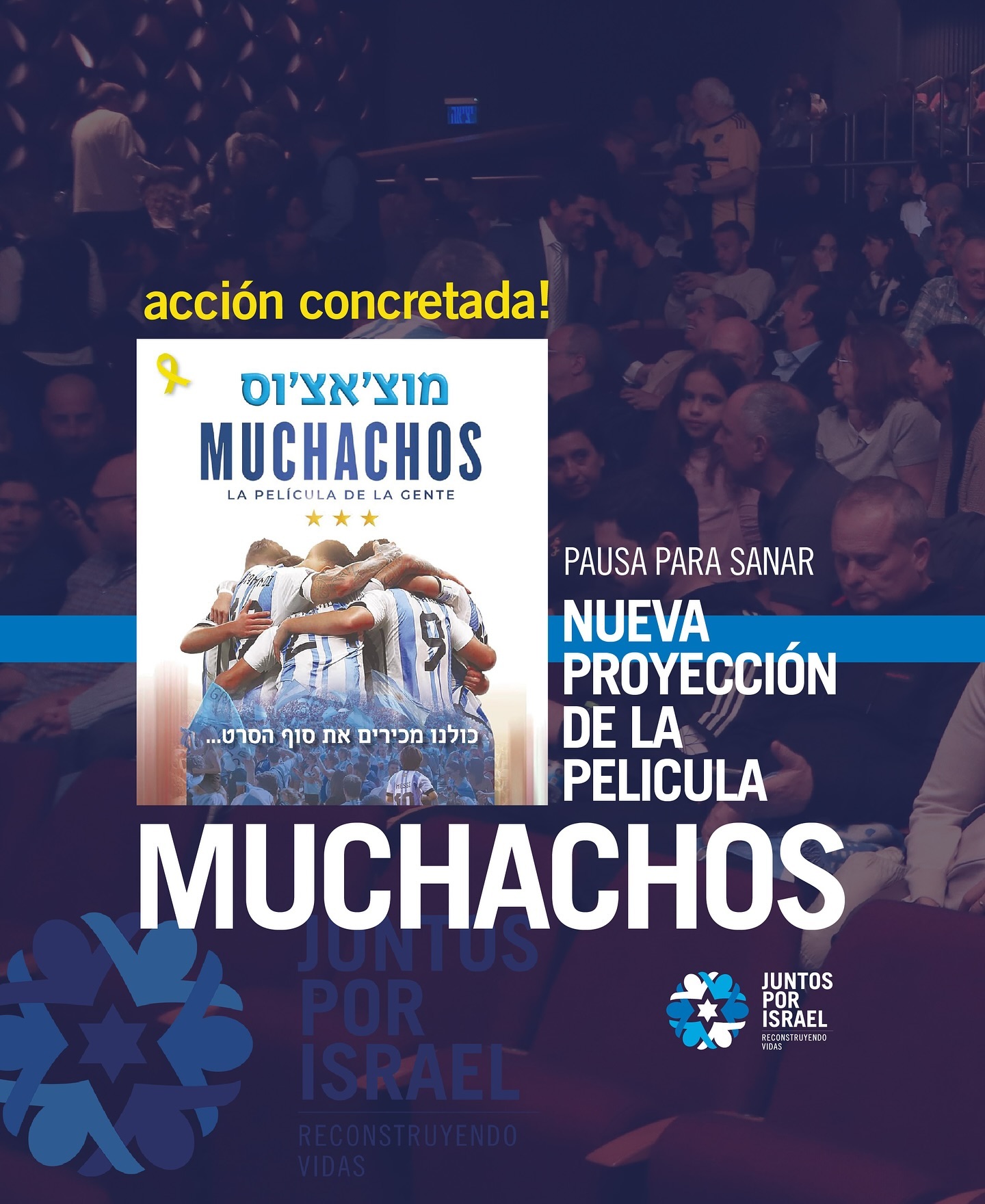 Seguimos con la firme misión de transmitir alegría, sonrisas y abrazos a la gente de Israel.
En este caso con una nueva proyección de la película “Muchachos” compartimos la pasión de ser argentinos y revivimos la inmensa alegría de conquistar otro mundial. 🏆💙🤍
Fue un encuentro repleto de gente, con rica comida bien argentina, una buena peli y emociones a flor de piel. Un combo maravilloso para todos los que estuvieron presentes.
Gracias a la Embajada de Argentina en Israel y al Sr. Embajador Axel Wahnish por la convocatoria y al Centro Cultural Ennis (@ennis_jaffa) por recibirnos con tanta calidez.
Agradecemos también a @diego_galperin_photography por inmortalizar estos momentos únicos con sus fotos.
Un reconocimiento especial a todos nuestros voluntarios, cuyo apoyo hizo posible este encuentro, y a los puestos de comida que sumaron sabor y alegría al ambiente:
@ale_chame
@galiamoss
@karinaitz
@claracohen_art
@chetzi_yareach
@isra_mate
@muchachos.israel
@malbec.company
@mi_dulceargentina
Gracias a @aricarmi, @quiqueros82 y @faerverguer son lo máximo. Sin ustedes esto no sería posible.