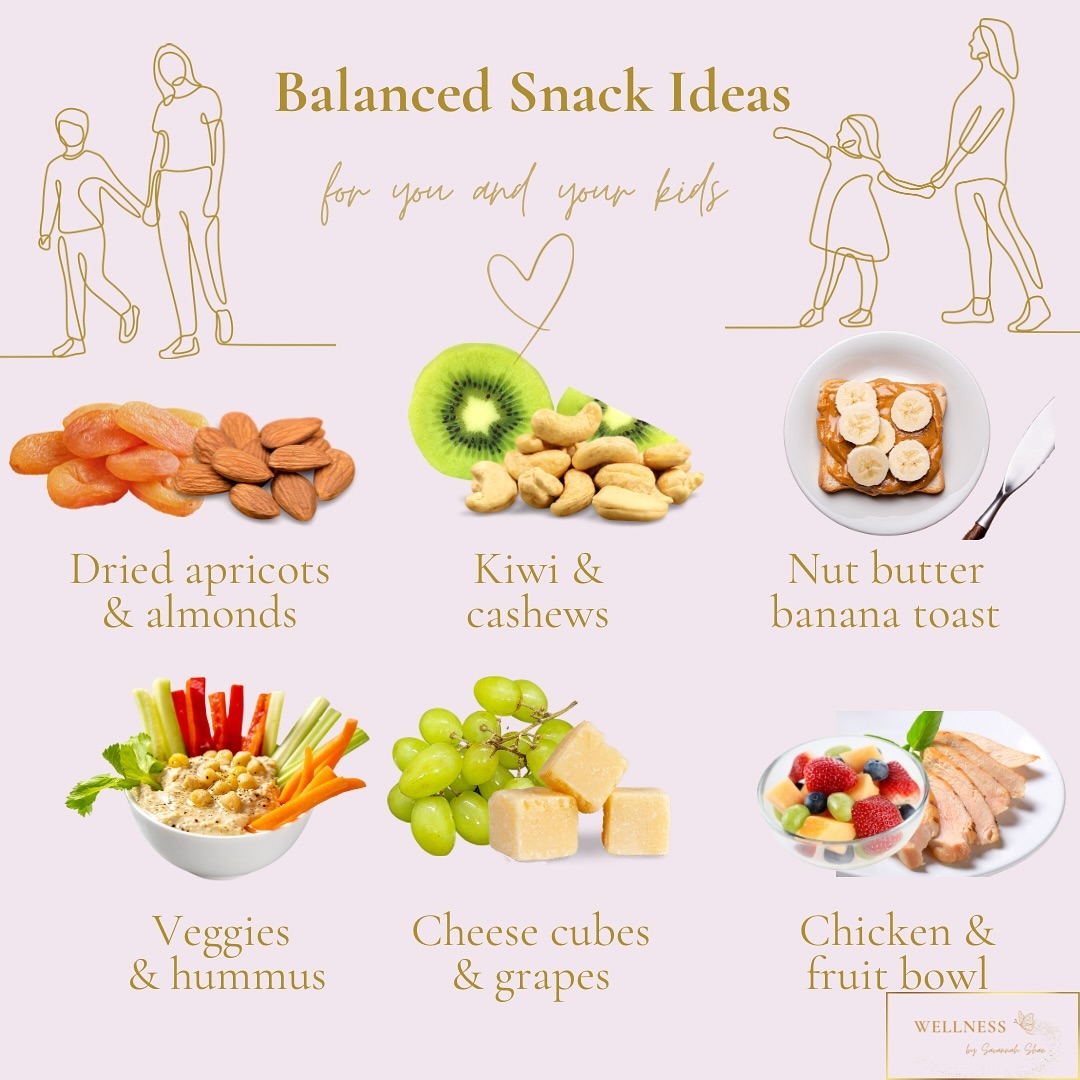 Is your child picky? In my experience, as they see you eat a variety of foods, they’re more likely to taste & try different foods!
Balanced Snack Ideas:
Dried Apricots & Almonds- Try different nuts & different dried fruit, & see if they like any of them. @hukitchen also has chocolate covered almonds that are delicious! Give those a try!
Kiwi & Cashews- You can also get @hukitchen chocolate covered cashews!
Nut Butter & Banana Toast- Sourdough bread has minimal ingredients and is delicious, there are even gluten-free recipes out there, and grain-free recipes. Also, if you are grain-free, my favorite grain-free bread companies are @baseculture bread & @awgbakery .
Hummus & Veggies: Serve hummus with carrots, celery, &/or bell peppers. My favorite hummus brands are Hope Hummus & @cava Hummus.
Cheese Cubes & Grapes- Buy a block of cheese & cut it up into cubes!
Shredded or sliced chicken with a fruit bowl- Mix berries, kiwi, & pineapple. You can even drizzle the fruit bowl with a little lime and honey for an extra flavor boost!
Blueberries & Pistachios.
Peaches & Cheese Cubes.
Crackers & Nut Butter.
Roasted Sweet Potato Wedges & Guacamole- You can also buy @jacksonschips .
Celery & Tuna- Grab a can of Tuna like @wildplanetfoods tuna & mix it with avocado mayo. Some avocado mayo brands are @primalkitchenfoods & @chosenfoods . You can also mix in diced green apples or diced pickles.
Boiled eggs, orange slices, & grapes.
Almonds & Cheese cubes.
Celery & Nut Butter- Almond butter, sunbutter etc.
Yogurt, fruit, & granola- You can buy plain Greek yogurt or dairy-free yogurt if you’re dairy-free, & sweeten it with your own natural sweetener like maple syrup or even just fruit alone adds sweetness. Some dairy-free yogurts I like are @coyo_organic & @culinayogurt . Some granola brands I like are @purely_elizabeth & for grain-free @larkellenfarm & @paleonola . Your child may only want plain yogurt or strawberry yogurt alone. You can also serve cereal on top like @eatlovebird or @sevensundayscereal .
Apples & Nut butter.
Crackers & hummus- @flackerscrackers & @simplemills are great.
Boiled Eggs & Berries.