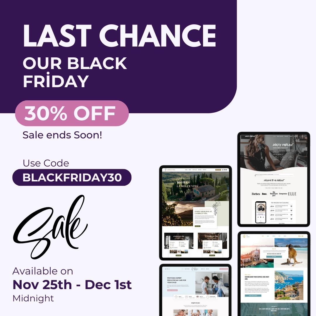🚨 LAST CHANCE 🚨
Our Black Friday 30% OFF sale ends soon! Use code BLACKFRIDAY30 and transform your site for the new year! Offer ends Dec 1st at midnight – don’t miss out!
⏳ Get a professionally designed website template today!
#BlackFridayReminder #WixDeals #EntrepreneurSavings #WebDesignDiscount #WebsiteUpgrade"