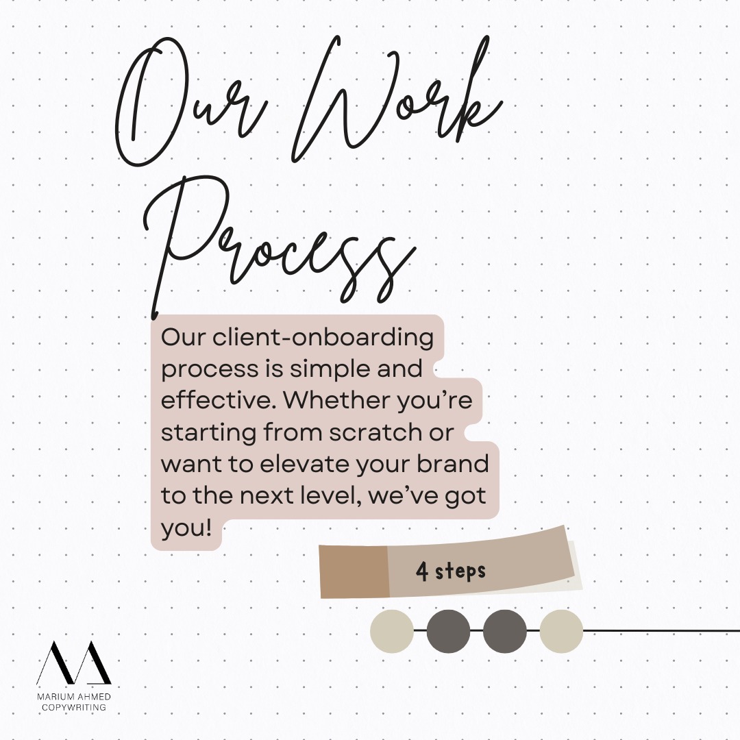 Wondering what it’s like to work with me?
My client onboarding process is designed to guide you to achieve the best results in the simplest way possible.
Here’s my 4-step process to bring your brand’s vision to life through powerful copy! 👇
1️⃣ Discovery Call – We’ll kick things off with a chat to dive into your goals and understand your brand’s unique voice.
2️⃣ Proposal & Agreement – You’ll receive a custom proposal outlining the project, timeline, and pricing. Once we’re aligned, we’re ready to make magic happen!
3️⃣ Research & Writing – I’ll dive deep into the research to develop a strategy that’s in sync with your audience and goals.
4️⃣ Delivery & Feedback – Your draft will be in your hands for review, and we’ll polish it to perfection with your feedback.
Ready to elevate your brand with impactful copy? Send me a DM to start the journey! 💬
#copywritingprocess #brandvoice #clientonboarding #mariumahmedcopywriting #copywriting