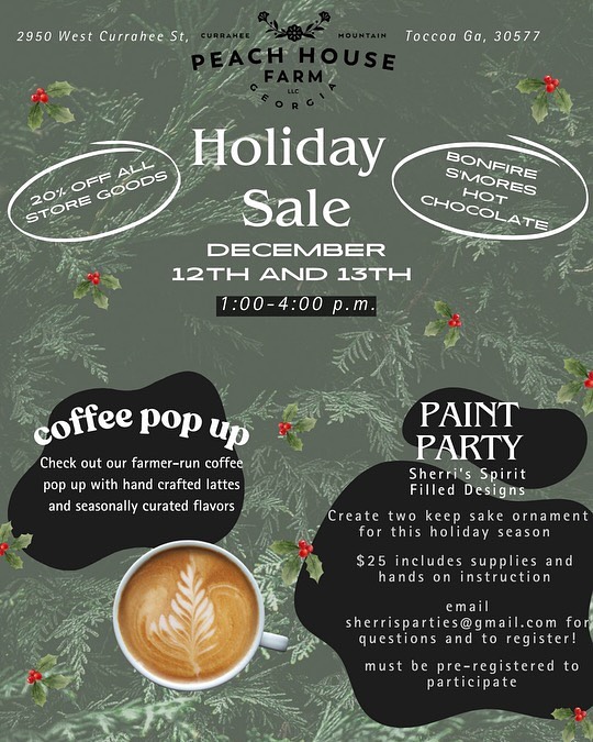 Have you heard? We’re having a holiday sale! Come to the farm store for extended shopping hours on Thursday, December 12 and Friday, December 13th from 1-4pm. Enjoy 20% off all farm store goods!✨
Anna will be making holiday themed lattes at the coffee bar and we’ll have a nice bonfire going for you to make your own s’mores. 🔥
In the store we’ll have fresh cedar wreaths and holiday centerpieces (weather permitting) as well as all the delicious farm-made goodies and gifts to add to your stockings this year. 🎁
In addition, on Friday, December 13th we will be hosting Sherri from Sherri’s Art Parties for a paint-your-own ornament workshop! Participants will get to take home two keepsake ornaments that they will paint themselves with expert help from Sherri. $25 covers all supplies and hands on instruction. There are two sessions to choose from: 1:00-2:30pm or 2:30-4:00pm. To reserve your seat and supplies
pre-register by Wednesday Dec 11
using the link in our bio. 👆
For additional information see next slide or
email info@sherrisparties@gmail.com. 🎄☃️
We can’t wait to see you there!
#holidayfarmsale #peachhousefarm #wreaths #paintyourown #bonfire
