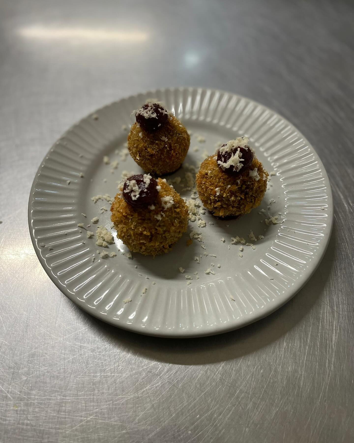 Xmas menu bits. Taking reservations for the whole of December now up to the 23rd. Ox cheek & foie gras croquettes, cranberry jelly.