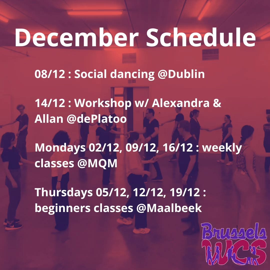 And here is our December schedule !
Join us for a wonderful workshop with Alexandra and Allan on the 14th 🪩
We'll have a social at Dublin on the 8th, be sure to be there 🎉
There will be no classes over the holidays, they will start again on the 6th and the 9th of January next year !
#brusselswestcoastswing #bwcs #brusselsdance