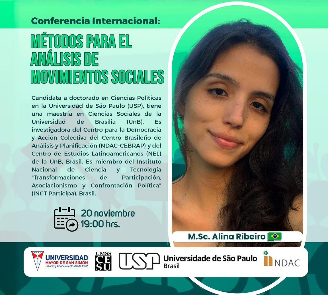 No #tbt de hoje, destacamos a conferência da Alina Ribeiro, pesquisadora do NDAC, para os alunos de Ciências Sociais da Universidad Mayor de San Simón, em Cochabamba, Bolívia. O tema da conferência foi métodos de análise de movimentos sociais. Alina é atualmente Pesquisadora Visitante na Universidad Mayor de San Simón.
Confira a gravação do evento no link disponível na nossa bio