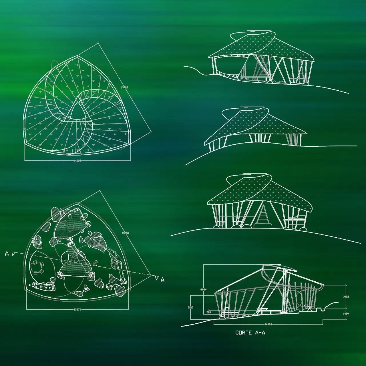 The rainforest house sits at the heart of the watershed, nestled into the vegetable gardens and surrounding fruit trees. Its vortex-like form has a gesture of bringing together family, foods and activities, and then radiating out nourishment to the watershed and beyond. In the bamboo forms, there is a coming together of an earthy geographical pattern of rocks below and a light geometrical form above.
.
Esta casa del bosque está situada en el corazón de una cuenca, rodeada por jardines comestibles y árboles frutales. Su gesto en forma de vórtice reúne familia, alimentos y actividades, en irradia el calor humano a toda la cuenca circundante. En las formas construidas con guadua, se forma una conexión entre las rocas de la tierra y la levidad de las geometrías arriba.
.
#bambooarchitecture #bamboo #architecture #rainforestlife #homeinnature #designwithnature #greenroof #ecobuilding #liveinnature #wildhouse #architecturedrawing
