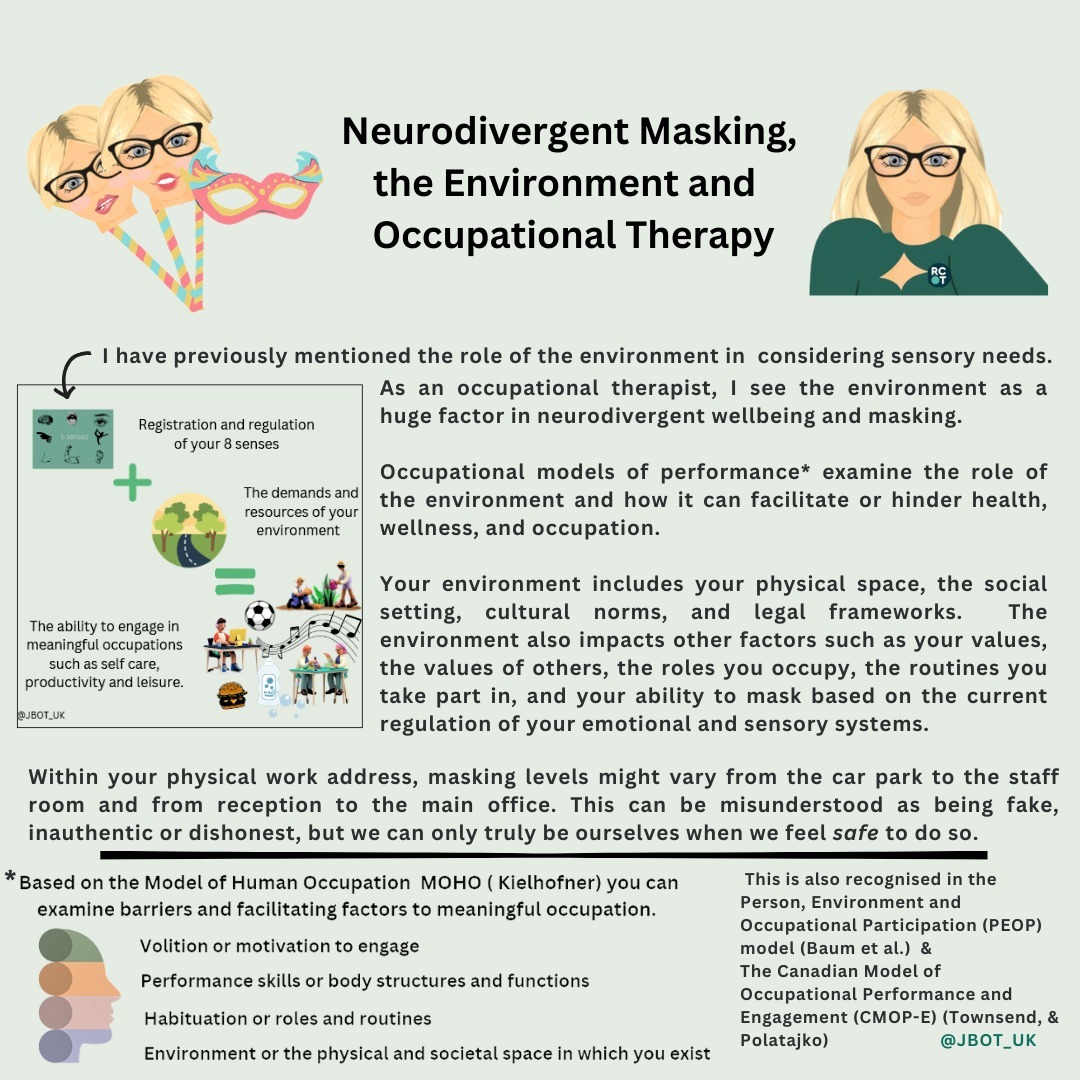 Occupational therapy has a unique connection to the environment.
This is such a large factor in addressing sensory differences, mental health difficulties or barriers to neurodivergent individuals engaging in meaningful occupations.
It will impact intervention planning, support strategies and psychoeducation, as what works in school may not be suitable at home, or at horse riding practice.
Consider your environment, is it supportive?
Does your masking vary not just because of the people you are with but because of what you feel is expected of you within that environment?
#environment #actuallyaudhd #occupationaltherapy #ot #moho #peop #cmop #autism #adhd #mentalhealth #masking #dyspraxia #misunderstood #sensory #privatepractice #safe #neurodivergent #wellbeing