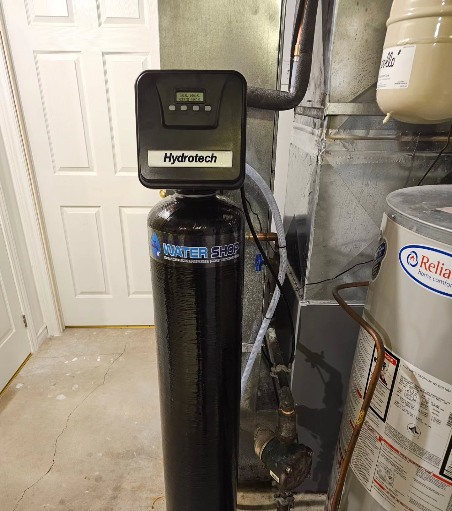 First install today. Hydrotech 30,000 grain water softener. Somewhat of a tight area with the brine tank moved around the furnace.