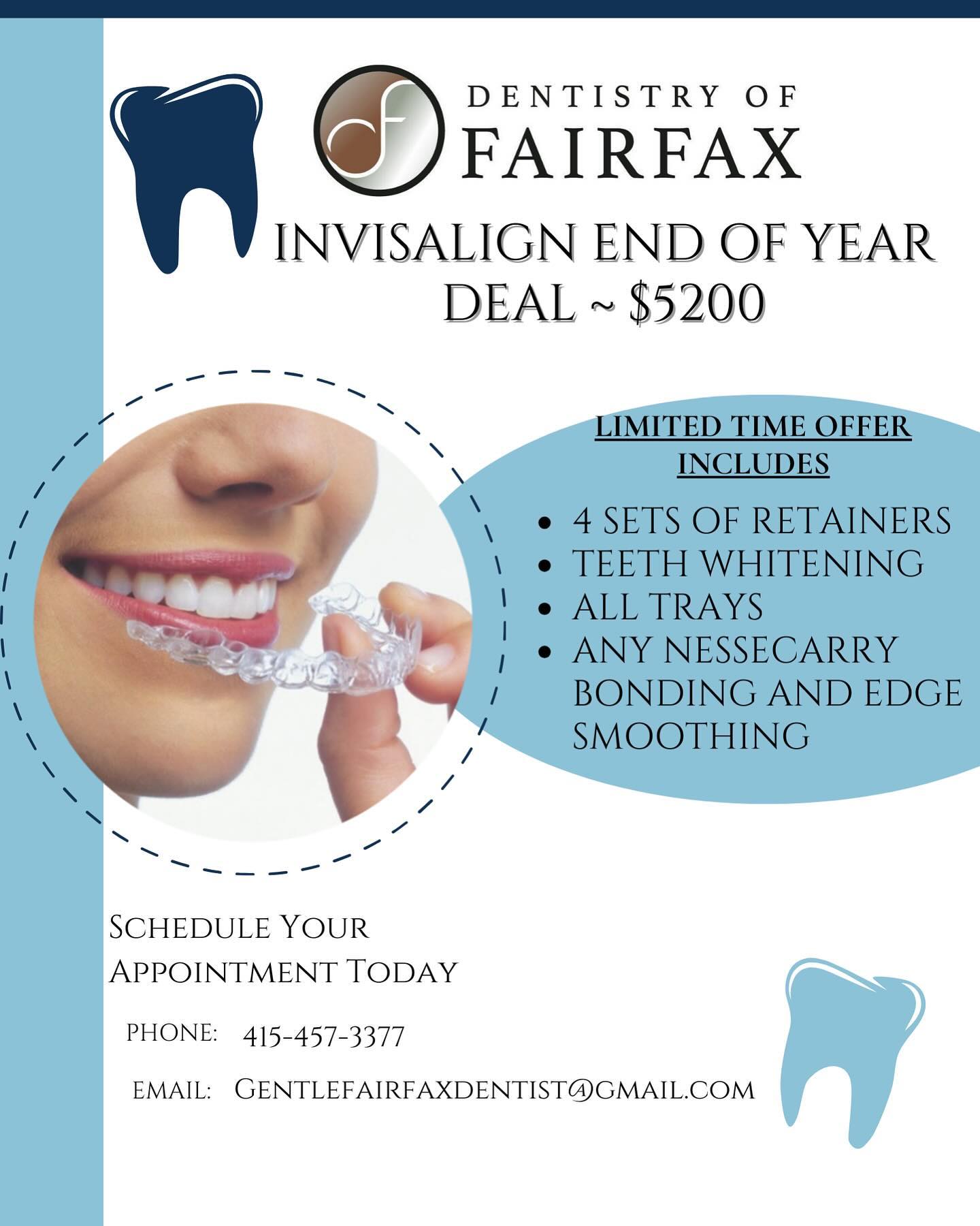 🎉 **End of Year Invisalign Deal!** 🎉
Ready for a smile transformation before 2025? Now is the perfect time to get started with Invisalign! Enjoy **exclusive savings** and **special financing options** when you begin your treatment by the end of the year. ✨
✔️ Clear, comfortable aligners
✔️ Customized treatment plan
✔️ No more metal braces!
Don’t miss out on this limited-time offer. Schedule your free consultation today and make next year your best smile year yet!
📲 Call us at (415)457-3377
#Invisalign #SmileTransformation #EndOfYearDeal #ClearBraces #NewYearNewSmile #Orthodontics #PerfectSmile #InvisalignOffer #smilegoals