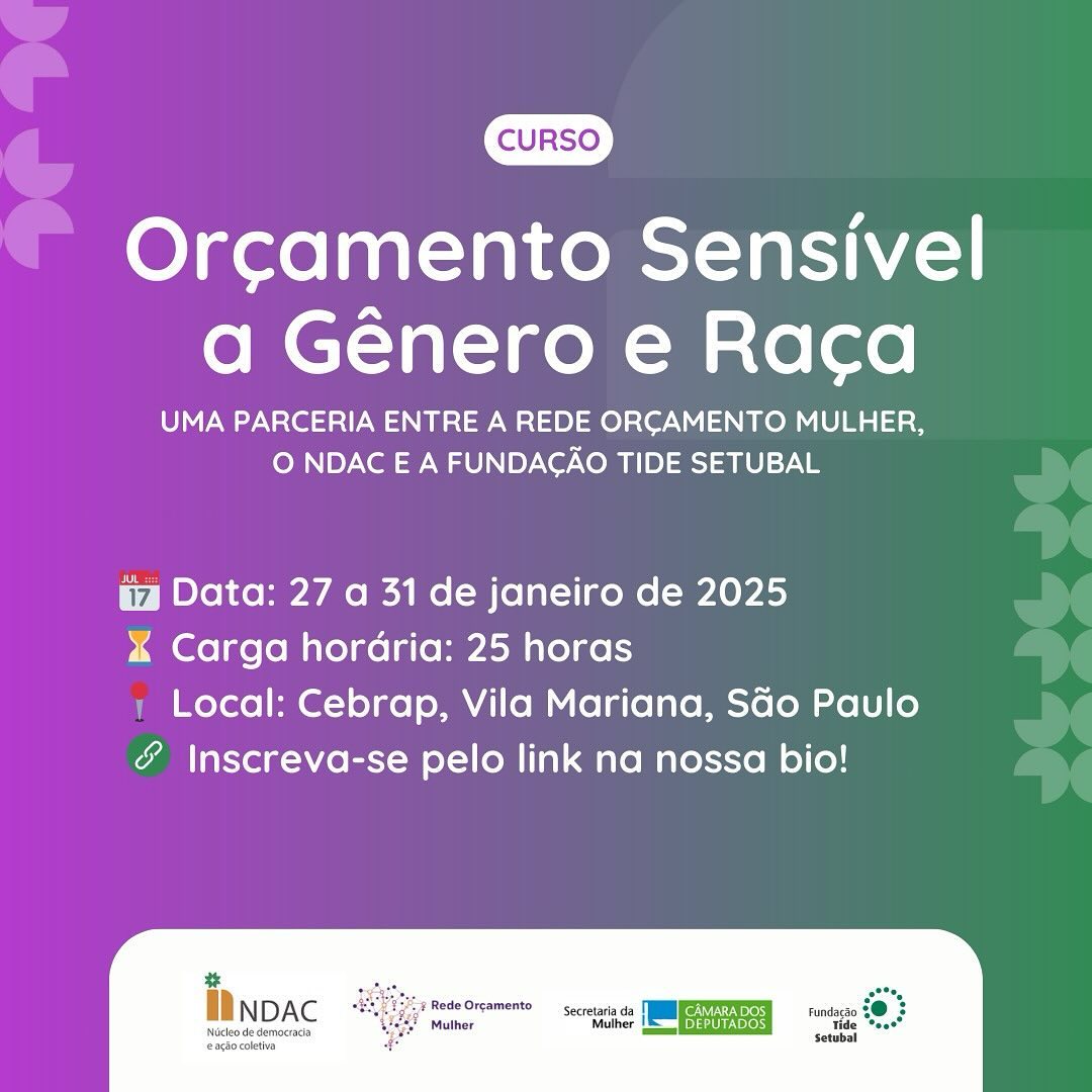 Em janeiro, o NDAC promoverá, em parceria com a Rede Orçamento Mulher (sediada na Secretaria da Mulher da Câmara dos Deputados) e a Fundação Tide Setubal, o curso “Orçamento Sensível a Gênero e Raça (OSGR)”. O curso abordará os seguintes temas: 1. Introdução: modelos de OSGR, casos internacionais e a questão tributária; 2. A construção do Plano Plurianual e da Lei de Diretrizes Orçamentárias; 3. A construção da Lei Orçamentária Anual; 4. Execução e decreto; 5. Prestação de contas e avaliação.
Com foco em promover a equidade de gênero e raça nas políticas públicas, a formação capacitará 30 alunas para implementar o OSGR em estados e municípios brasileiros. Serão distribuídas 10 bolsas para cobrir despesas com passagem, hospedagem e alimentação (no caso de pessoas de fora de São Paulo). A seleção para o curso priorizará pessoas que tenham alguma experiência com o tema do OSGR. Para a concessão das bolsas, serão selecionadas, preferencialmente, mulheres negras e/ou mulheres do norte e do nordeste.
A pesquisadora e responsável pelo curso, Beatriz Sanchez, explicou um pouco mais sobre o Orçamento Sensível a Gênero e Raça e sua importância no vídeo disponível na publicação.
📅 Data: 27 a 31 de janeiro de 2025
⏳ Carga horária: 25 horas
📍 Local: Cebrap, Vila Mariana, São Paulo
As inscrições podem ser feitas até dia 17/12 no link disponível na nossa bio. Garanta sua vaga e faça parte dessa transformação!
