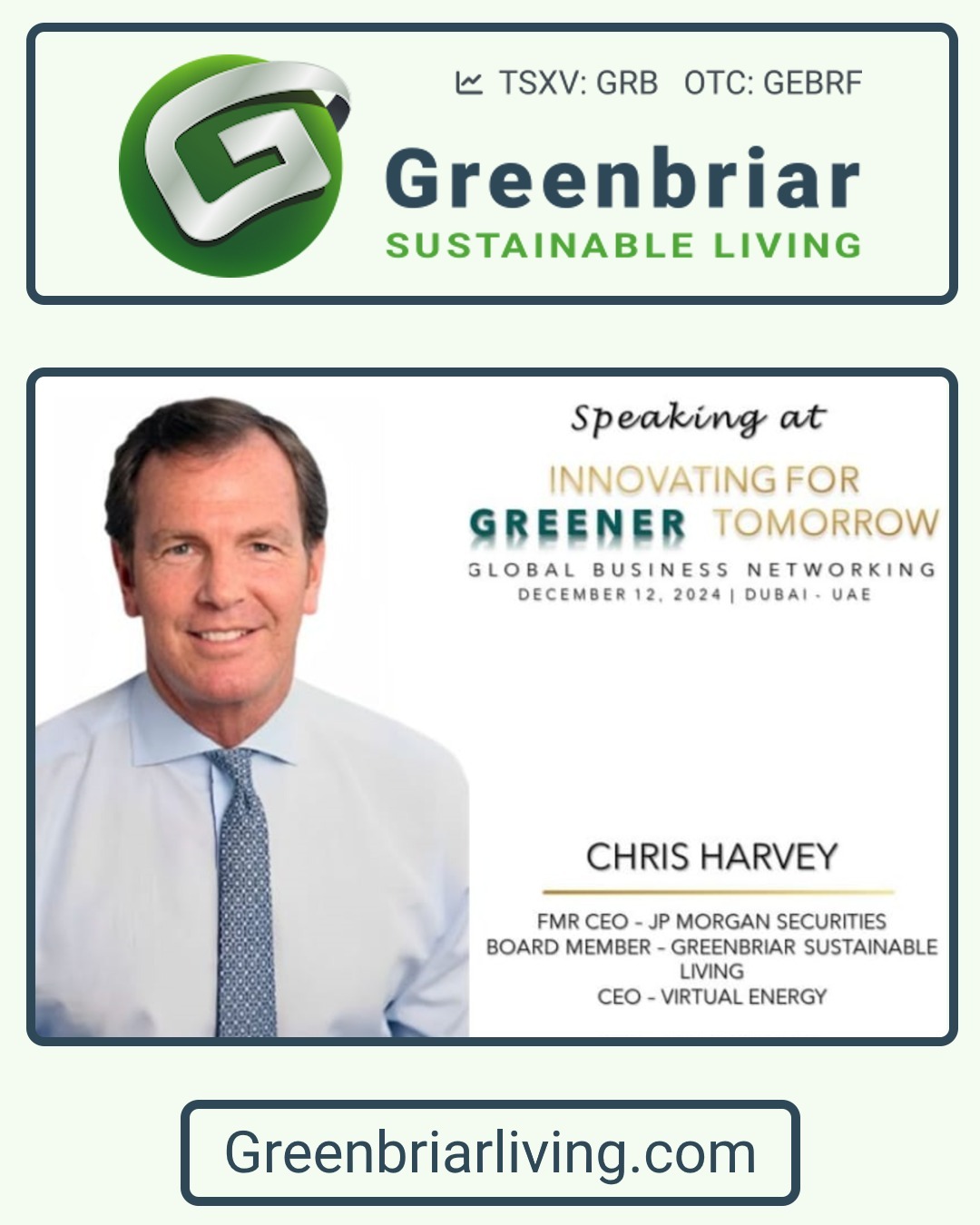 Tomorrow, Greenbriar's director Chris Harvey will take the stage in Dubai to discuss Sustainable Innovations in Real Estate and Energy.
Chris will be addressing a global audience of investors, entrepreneurs, diplomats, and dealmakers, inspiring them to embrace new ideas and collaborate on solutions that can shape a more Sustainable Future for All.
We wish him great success as he shares his vision! May his speech ignite passion and help drive meaningful change!