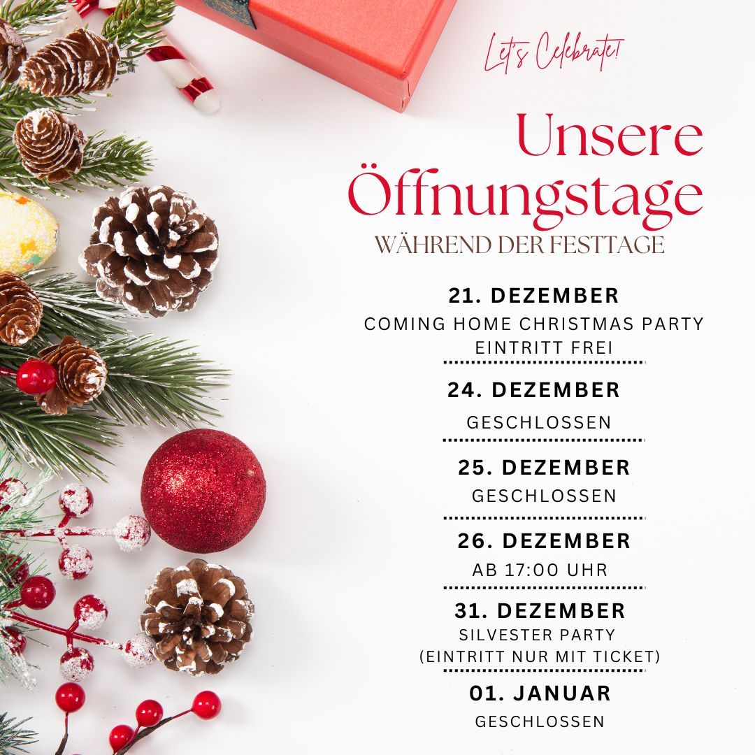 🎄✨ Feiertags-Öffnungszeiten im Mojito Emden! ✨🎄
Die Weihnachtszeit steht vor der Tür und wir freuen uns darauf, sie mit euch zu feiern! Hier sind unsere Öffnungszeiten für die festlichen Tage:
📅 Christmas Party (21.12): Christmas Coming Home Party
📅 Heiligabend (24.12.): Geschlossen – Zeit für Familie & Besinnlichkeit ❤️
📅 1. Weihnachtstag (25.12.): Geschlossen - Zeit zum auspacken der Geschenke:)
📅 2. Weihnachtstag (26.12.): Ab 17 Uhr sind wir für euch da – lasst uns gemeinsam Feiern!
📅 Silvester (31.12.): Die größte Party des Jahres – lasst uns gemeinsam ins neue Jahr tanzen! 🥂✨
📅 Silvester (01.01.): Geschlossen - Wir nehmen eine kleine Pause.
Wir freuen uns darauf, mit euch die magische Weihnachtszeit und das neue Jahr einzuläuten. Kommt vorbei und genießt tolle Drinks, gute Musik und die beste Gesellschaft!
#MojitoEmden #Weihnachtszeit #Feiertagsstimmung #Cocktails #EmdenFeiert