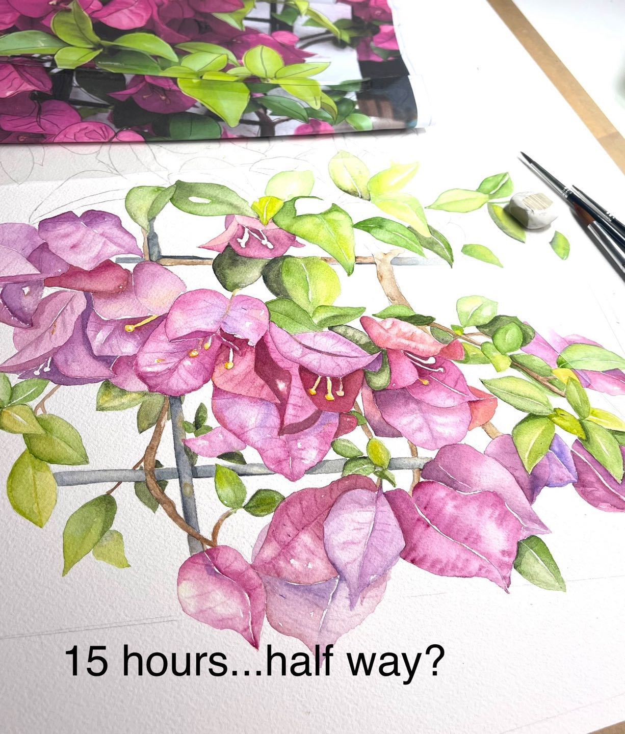 Love school holidays so i can really focus on slow painting. Joy is in the process.....
🩷🌸💚🌸💜🌸
Info: This will be a 50x40cm painting on Arches paper. Paints are a mix of W&N, D Smith & Holbein. Reference is my own photograph of my bougainvillea.
#bougainvillea #painting #watercolourpainting #brisbaneartist #brisbaneart #watercolorpainting #paintingflowers #watercolour #watercolor #supportartists