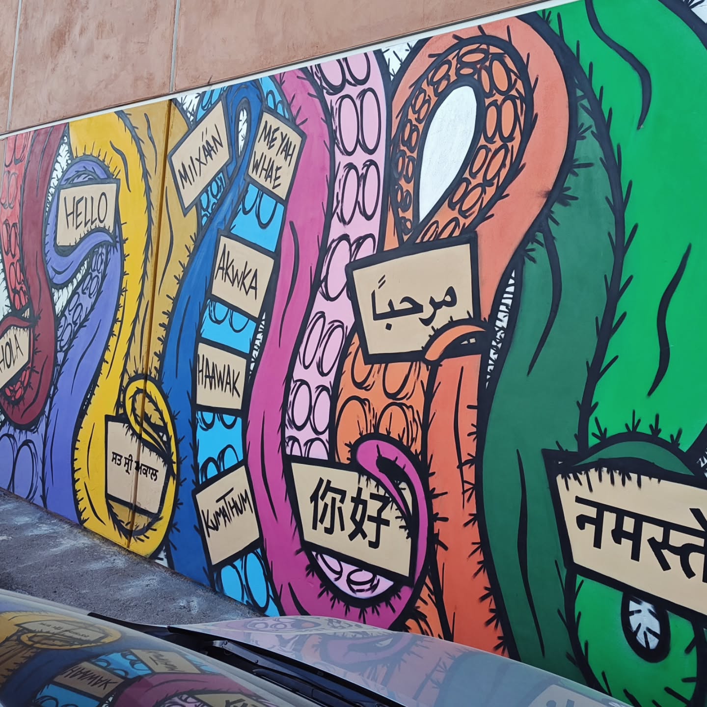 This vibrant mural located in Seeley, celebrates the diversity of greetings, showcasing 'hello' in various languages. The octopuses, captured in different colors, hold up signs featuring these unique salutations from around the world.
Artwork by the very talented @takito.11
Kick ass!
#MuralArt #HelloInDifferentLanguages #GreetingsAroundTheWorld #OctopusArt #StreetArt #LanguageDiversity #GlobalGreetings #MultilingualArt #CulturalExpressions #HelloWorld #ArtForEveryone #CreativeMural #ArtisticGreetings #StreetMural #UrbanArt #DiversityInArt #ArtLovers #WorldCulture #InspirationThroughArt #LanguageLove #ArtisticExpressions #ArtCommunity #Muralist #artoftheday