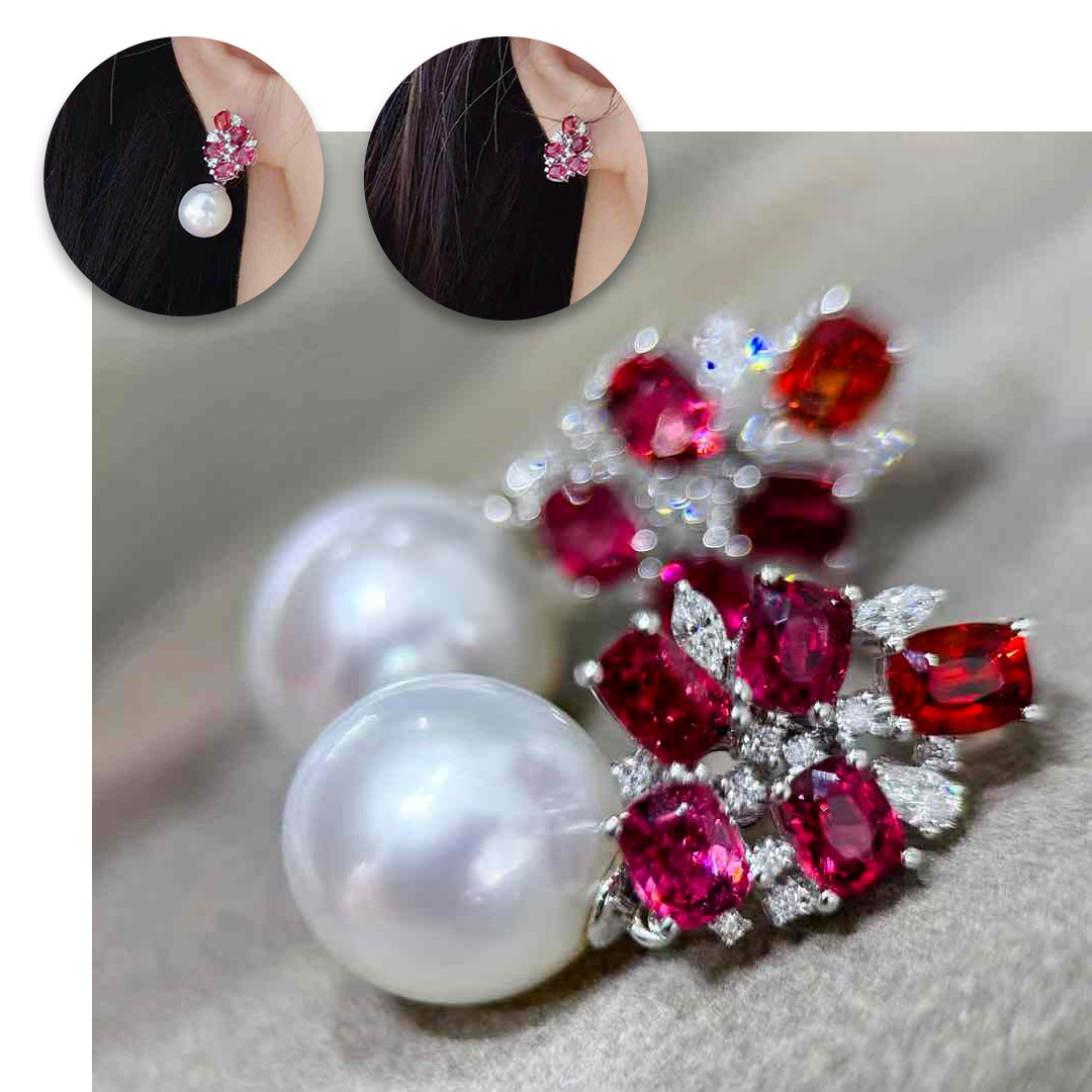These versatile earrings showcase the finest craftsmanship and luxurious materials. Featuring luminous Aurora South Sea white pearls with their signature radiant luster, they are paired with premium Burmese spinels in vibrant shades of red, accented by dazzling diamonds in an intricate floral-inspired design. The detachable pearl feature allows for two elegant wearing styles: as sophisticated spinel stud earrings or as statement drop earrings with the addition of the pearls. Perfect for formal occasions or as a versatile accessory for your collection, these earrings beautifully combine timeless elegance with modern functionality.
#southseapearljewellery #southseapearlearrings #convertiblejewelry #transformablejewelry
#spinelearrings #spineljewellry