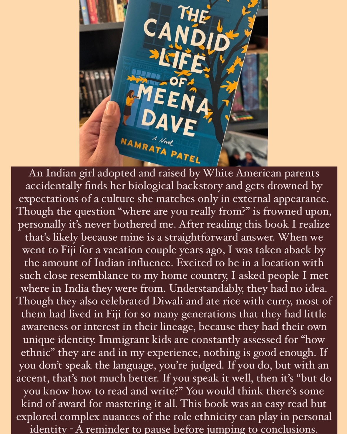 NOVEMBER📚The Candid Life of Meena Dave by Namrata Patel.
Expected the typical Fall romance but was pleasantly surprised by all the added layers of ethnicity, identity, and sense of belonging…but did anyone else kind of hate the ending? Lol
.
.
.
#thecandidlifeofmeenadave #indianbookclub #southasianauthors #southasianbooks #indianbookstagram #indianbooks #desibookclub