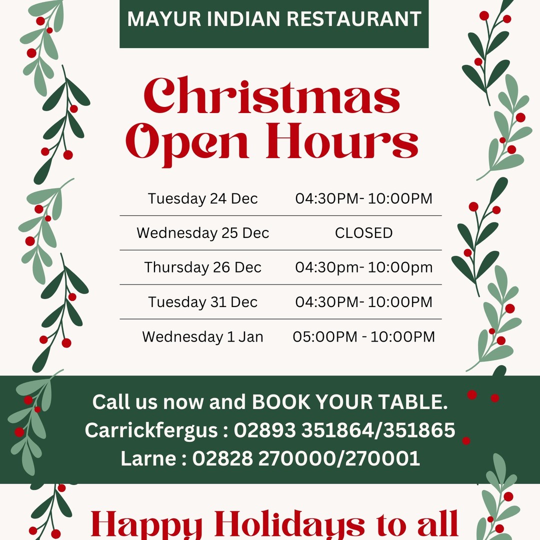๐It's holiday season, let the overeating begin with delicious curries from Mayur Indian.๐
Alternatively book online
https://www.mayurindianrestaurant.com/reservations
#indian #carrickfergus #larne #mayur #curry #balti #christmas #naan #indianfood #carrickcastle #larneharbour #madras