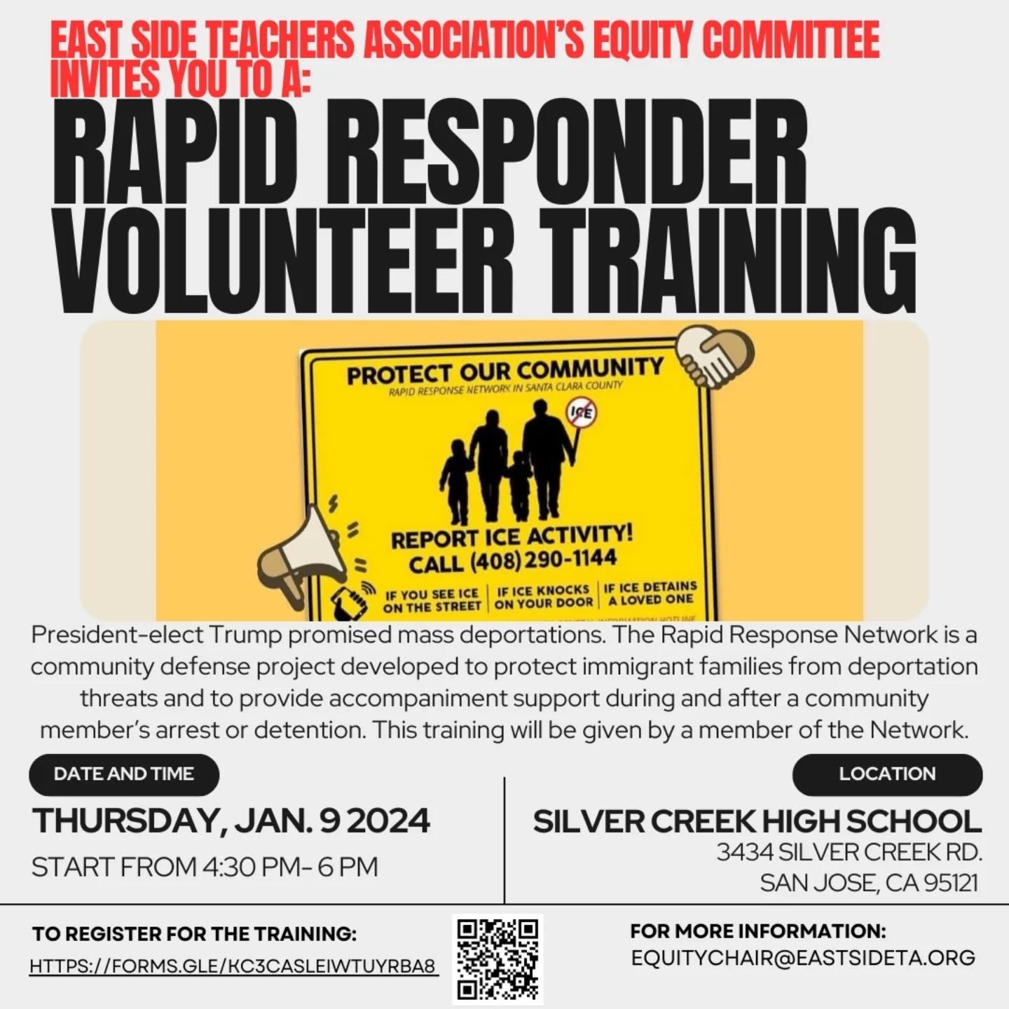 ESTA members & allies to immigrants: please attend this Rapid Response Network training to be volunteers of the network and know how to provide accompaniment support during and after a community member’s arrest or detention by ICE (immigration). The Rapid Response Network is a community defense project developed to protect immigrant families from deportation threats and to provide accompaniment support during and after a community member’s arrest or detention.