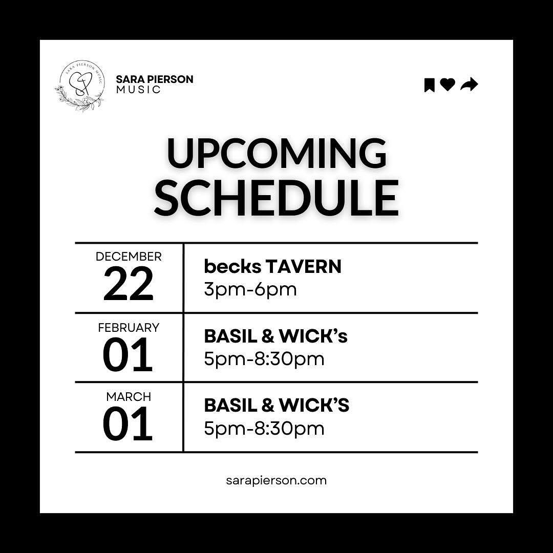 Hi y’all, here is my current schedule for my gigs in North Creek. Still looking to get some gigs on the schedule for January. Please come out and enjoy some live music. Looking forward to seeing y’all out there! To keep up with my Spring Schedule I will continue to update my Event Schedule on my website. Link in Bio
#livemusic #beckstavern #basilandwicks
#sarapierson