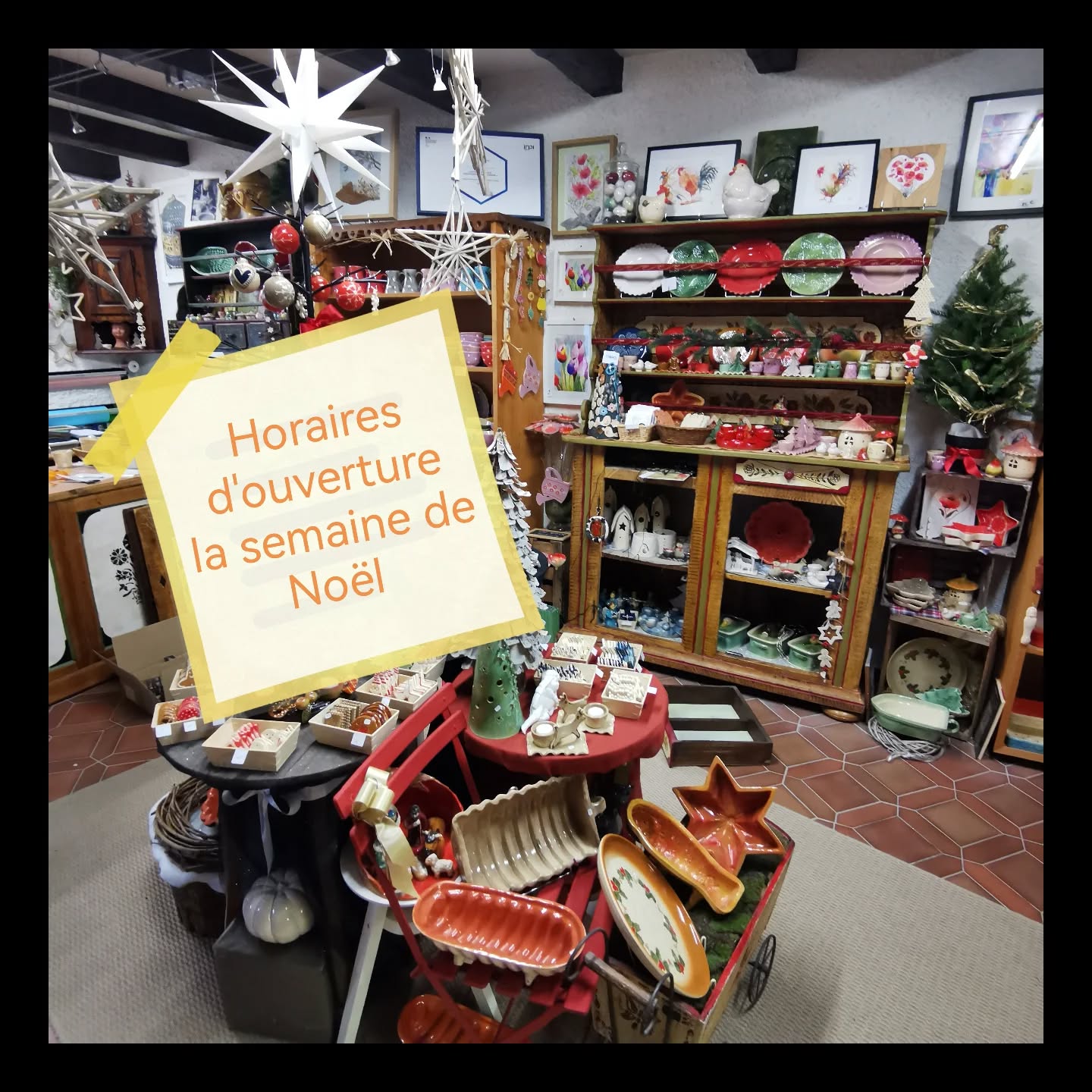 Les horaires d'ouverture du magasin La semaine de Noël :
Lundi 23/12 : 14h00 à 18h00
Mardi 24/Mercredi 25 et Jeudi 26 : fermé
Vendredi 27/12 : 14h00 à 17h30
Samedi 28/12 : 14h00 à 17h30
Dimanche 29/12 : 14h00 à 17h00
Du 30/12 au 05/01 fermé pour congés.