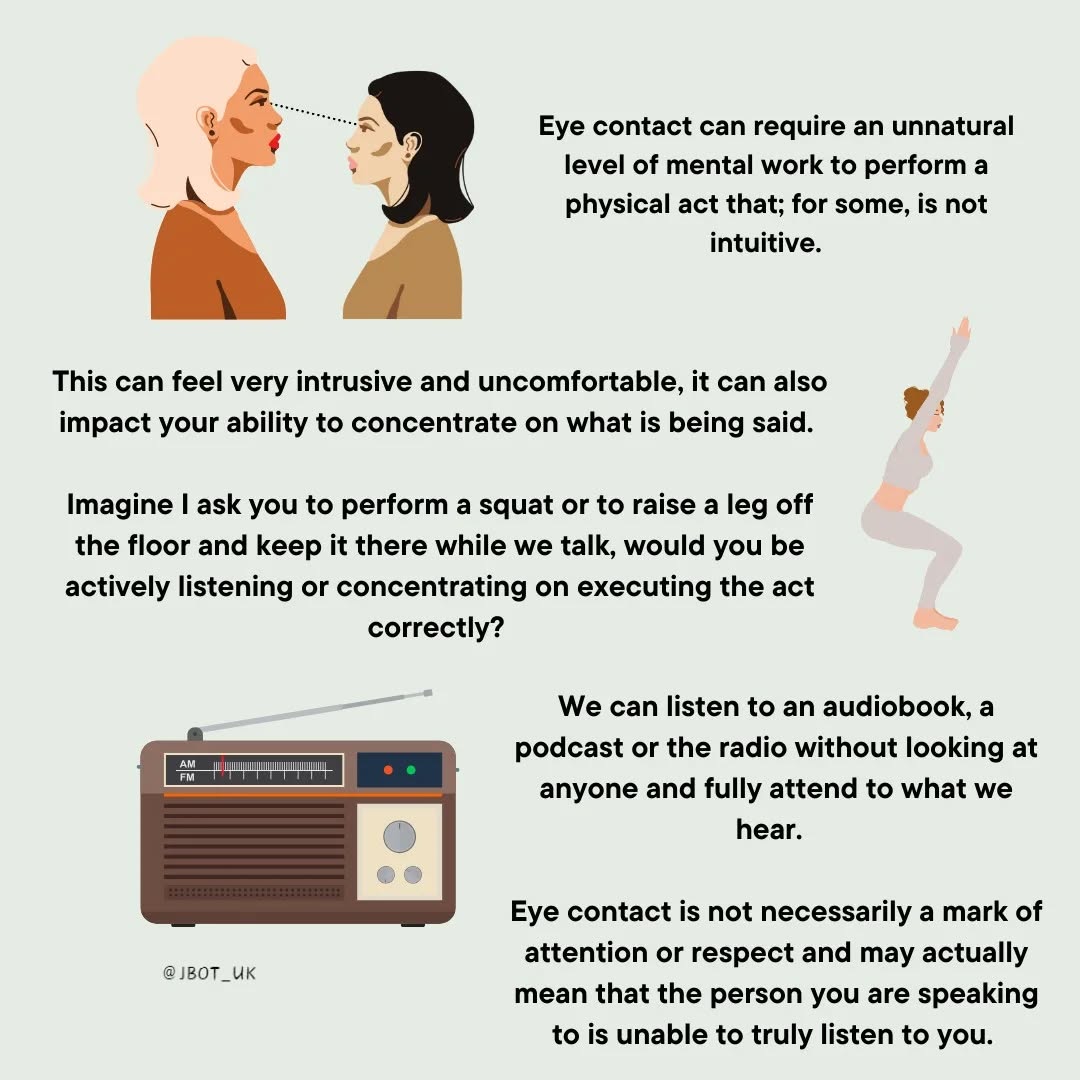 I've been thinking about the neurodivergent experience over Christmas, especially when visiting others. I often use examples, a comparison, and visuals to aid explanation. What method works best for you?
#EyeContact #OccupationalTherapy #Autism #ADHD #Neurodivergent #ActuallyAuDHD #Visuals #SocialCommunication #SocialInteraction