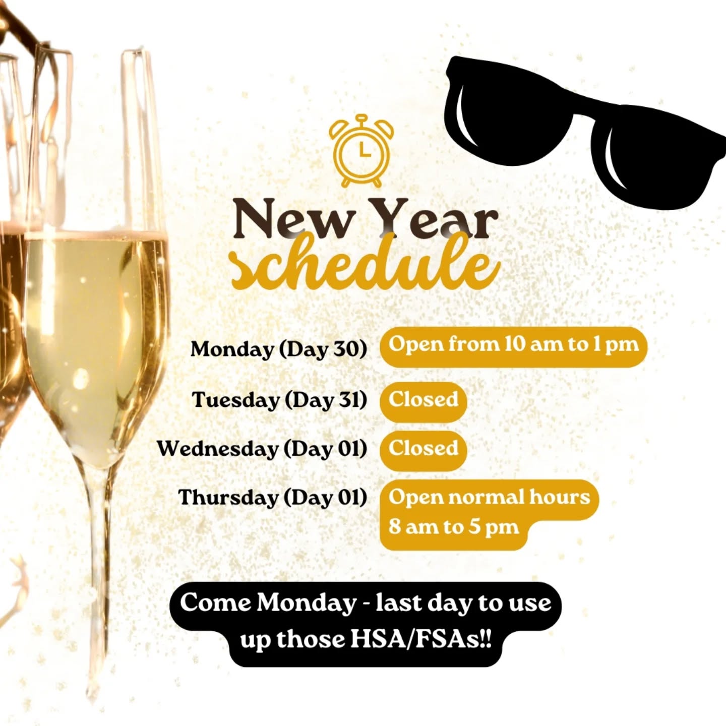 REDUCED HOURS!!
OPEN LIMITED HOURS MONDAY 12/30
CLOSED NEW YEARS EVE & NEW YEARS DAY
USE UP THAT HSA/FSA BEFORE YOU LOSE IT!
#newbergfamilyeyecare #newbergeyes #familyfirst #makingmemories #rememberwhatmattermost