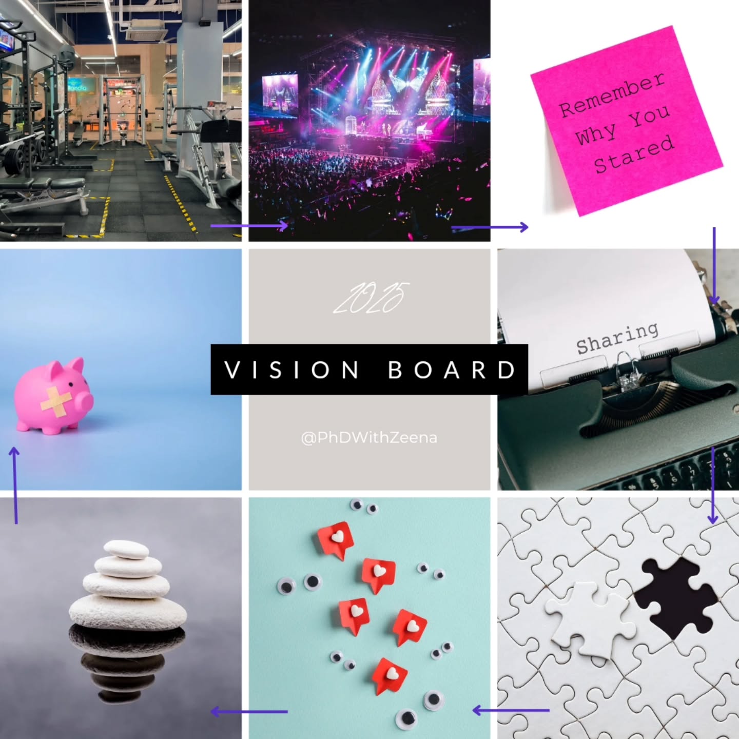 My 2025 Vision Board (I realise I'm two days early).
The past few years I’ve used the new year to have my very own vision board instead of setting myself up for the mindset of ‘New Year, New Me.’ I’ve found this works a lot better than that famous phrase. A vision board helps me to reflect on the previous year and recognise what went well, what could be improved on, and adjust my goals for the future.
At the start of 2024, I thought it would be my best year yet - yes just because I had booked a lot of concerts. It was also the year two people who were dear to me and the cat - who I absolutely adored - passed away. It’s fair to say 2024 has been an emotional rollercoaster.
For 2025, my vision board includes the following:
Maintain 12 gym sessions a month🏋♀️
Enjoy concerts🎫
Remember why I started which includes: the PhD, the gym, Duolingo
Have the confidence to share my research
Complete my PhD thesis
Reduce how long I aimlessly scroll, although if I’m to complete my thesis and we’ve got Humphrey, that should happen naturally📵
Balance work-life⚖️
Manage my stress and actually take time to relax😌
#2025 #newyear #visionboard #vision #board #manifest #goodyear #success #discipline #enjoyment #achievement #confidence #growth #personalgrowth