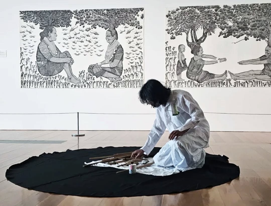 Photographs showcasing our long-term DAS collaborator and artist Joydeb Roaja's performance art from ‘The 11th Asia Pacific Triennial of Contemporary Art’ at the Queensland Art Gallery & Gallery of Modern Art! SAF members have been part of his journey, assisting with communication and the shipment of his work, and we are happy to see his art included in this exhibition.
Joydeb Roaja has used the Plung (a musical instrument of the Mro Indigenous people, a type of traditional flute) in many of his paintings, drawings, and performances. At the opening weekend of The 11th Asia Pacific Triennial of Contemporary Art, he performed a 30-minute piece with the Mro's Plung flute.
"The Mro village I saw in 2003 is not the same now. Taking advantage of the simplicity of the Indigenous people, the so-called civilized and clever people are slowly taking over their land. Big companies are building five-star hotels on the hills cultivated by the Mro people. Luxury resorts and army camps are being constructed in the name of state-sponsored tourism, displacing Mro villages.
Recently, the Mro people have taken to the streets to protest against land grabbing. Notably, they did not protest with weapons but with their beloved Plung flute. This flute has become a symbol of unity," says Joydeb Roaja.
Performance Title: Plunge — The Sound of the Flute is Unity
The exhibition will run until 27 April 2025. Be sure to visit if you're in Queensland!
@dhakaartsummit
@samdaniartfoundation
@nadiasamdani
@rajeebsamdani
@dhakadiana
@rux_q
@joydebroaza
@swilin_haque
@sazzad1985
@iftekharnoor
#dhakaartsummit #samdaniartfoundation #dhaka #sylhet #art #artwork #DAS #exhibitions #contemporaryart #srihatta #artistresidency #sculpture #SAF #joydebroaja